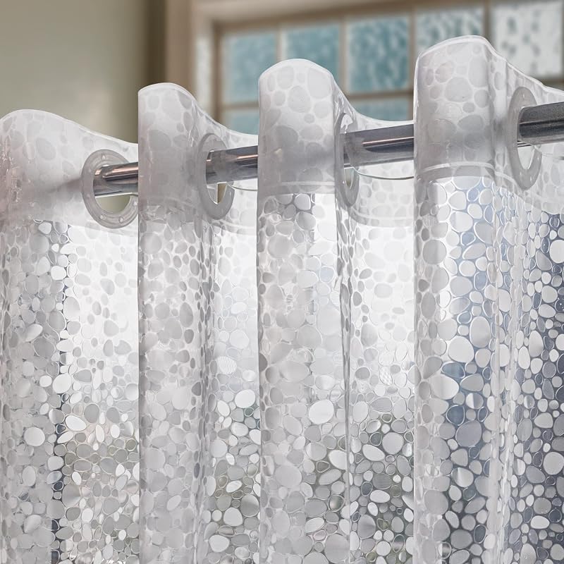 Cortina de ducha o forro sin gancho, tamaño estándar 71 x 74, guijarro | Cortina de ducha de baño de adoquines, resistente, 8G, no requiere ganchos, plástico impermeable y sin PVC