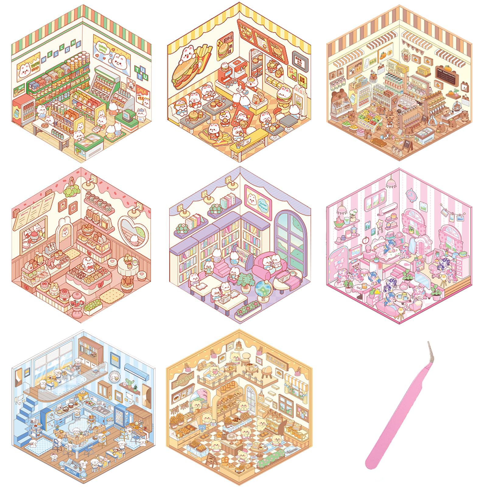 Yamobi 8pcs 3D Stickers, Home Stickers, 8 Scenes of Background and Tweezers, Decorative Photo Album Stickers