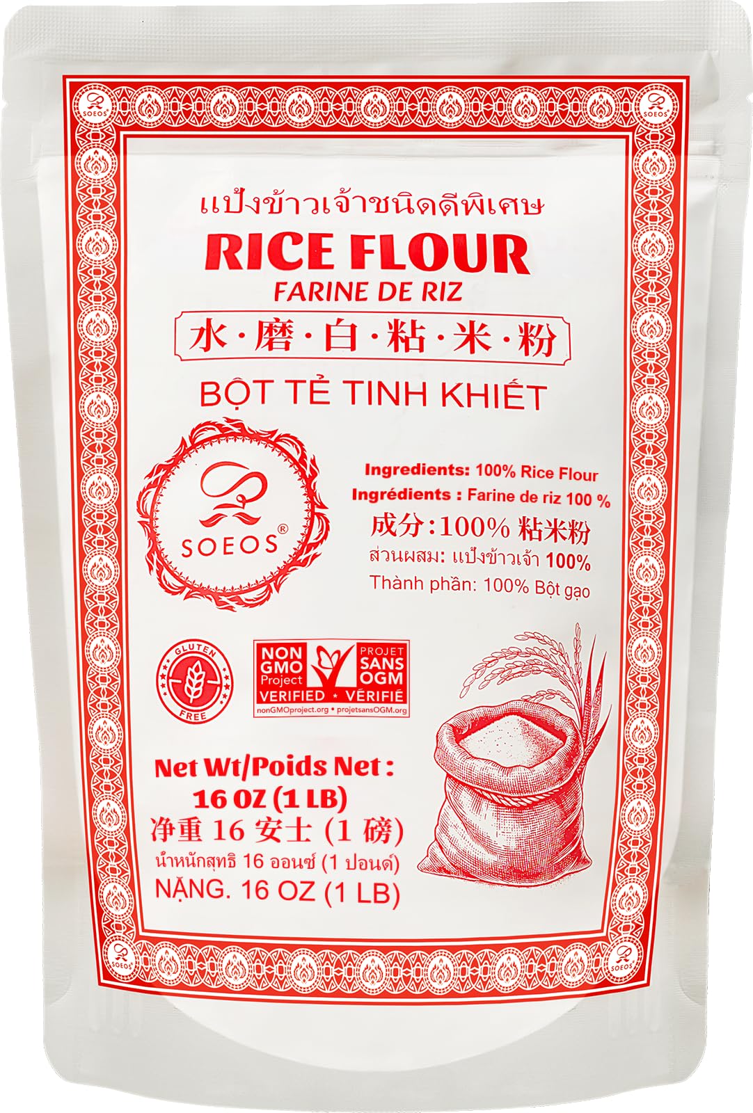 Soeos Rice Flour 16 Ounce (Basic), 1 Pound (Pack of 1) , Rice Flour for Baking or Cooking with Resealable Bag, All Natural for Sourdough Bread, Vegan, Gluten-Free