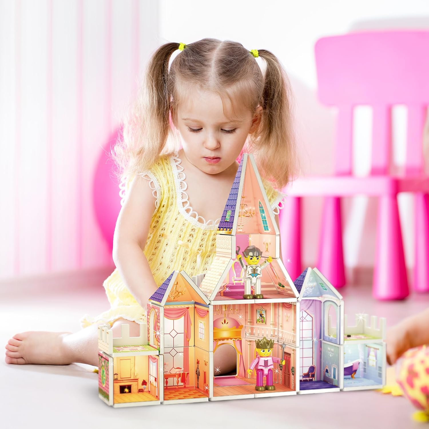 PicassoTiles 60pc Magnetic Tile Princess Castle Building Set with Double Sided Printed Tiles 2 Character Figures STEM Educational Toy Kit for Kids Pretend Play Montessori Learning Ages 3 to 8 PTQ04
