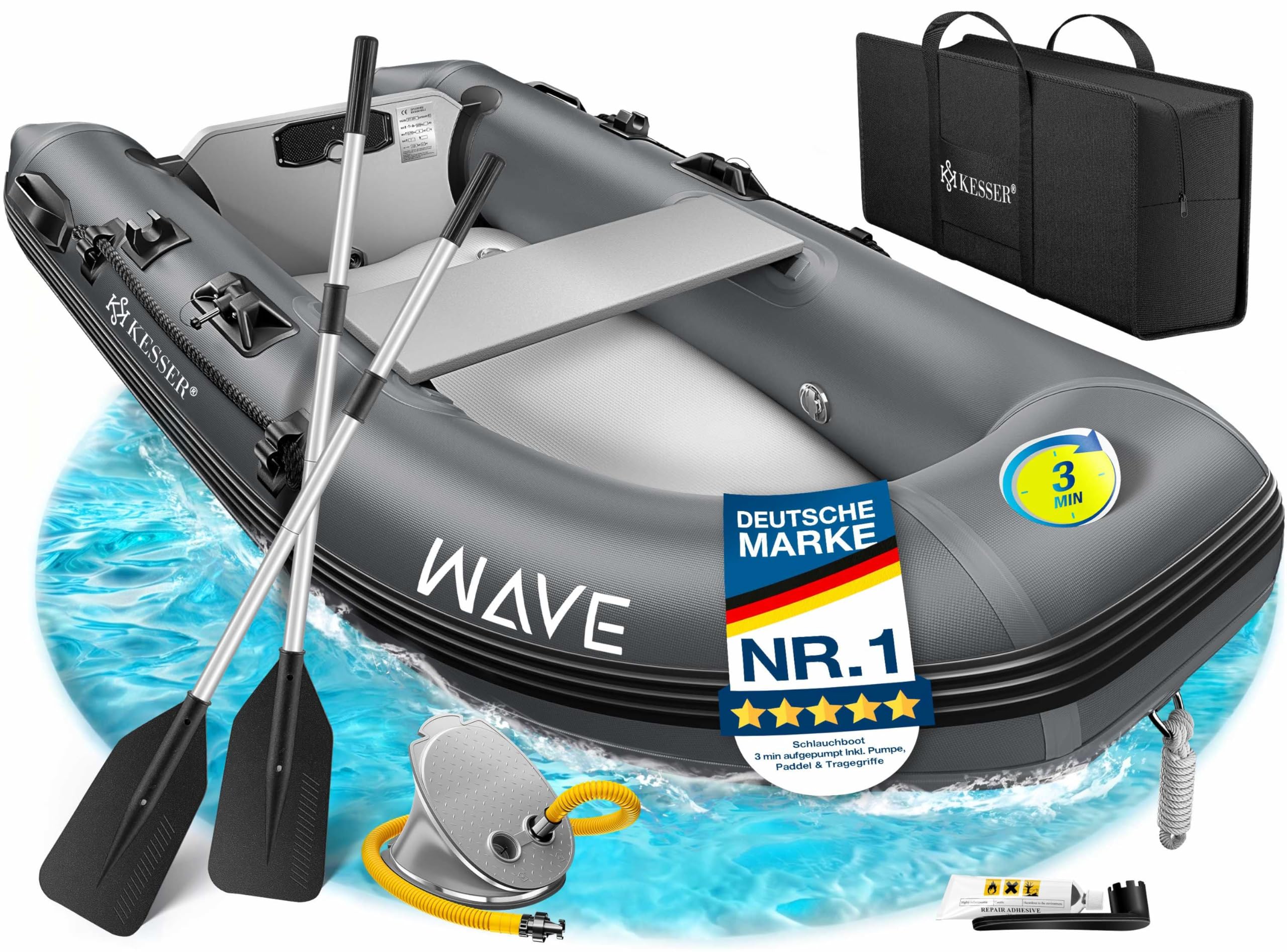 KESSER® Gommone 2,30 m per 2 persone, adatto per il tempo libero, barca a motore, barca da pesca, con 1 panchina, set di riparazione e borsa gonfiabile, in PVC, antracite