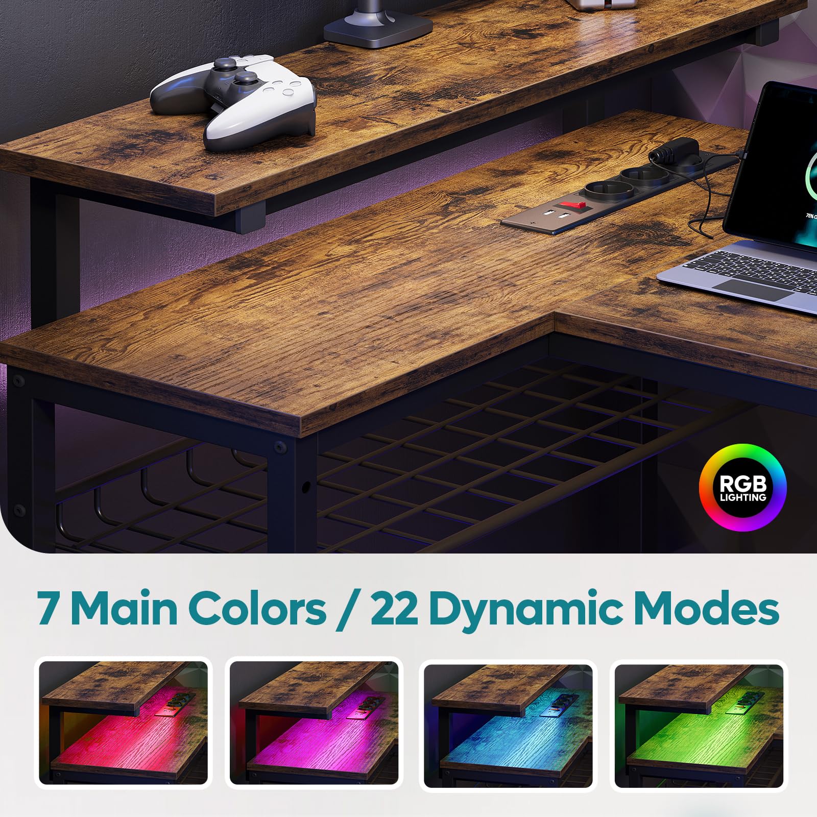 Bestier 147cm Scrivania a forma di L con prese di corrente, scrivania ad angolo per l'ufficio con ripiani reversibili e luci LED - Scrivania da studio moderna e semplice per piccoli spazi, marrone