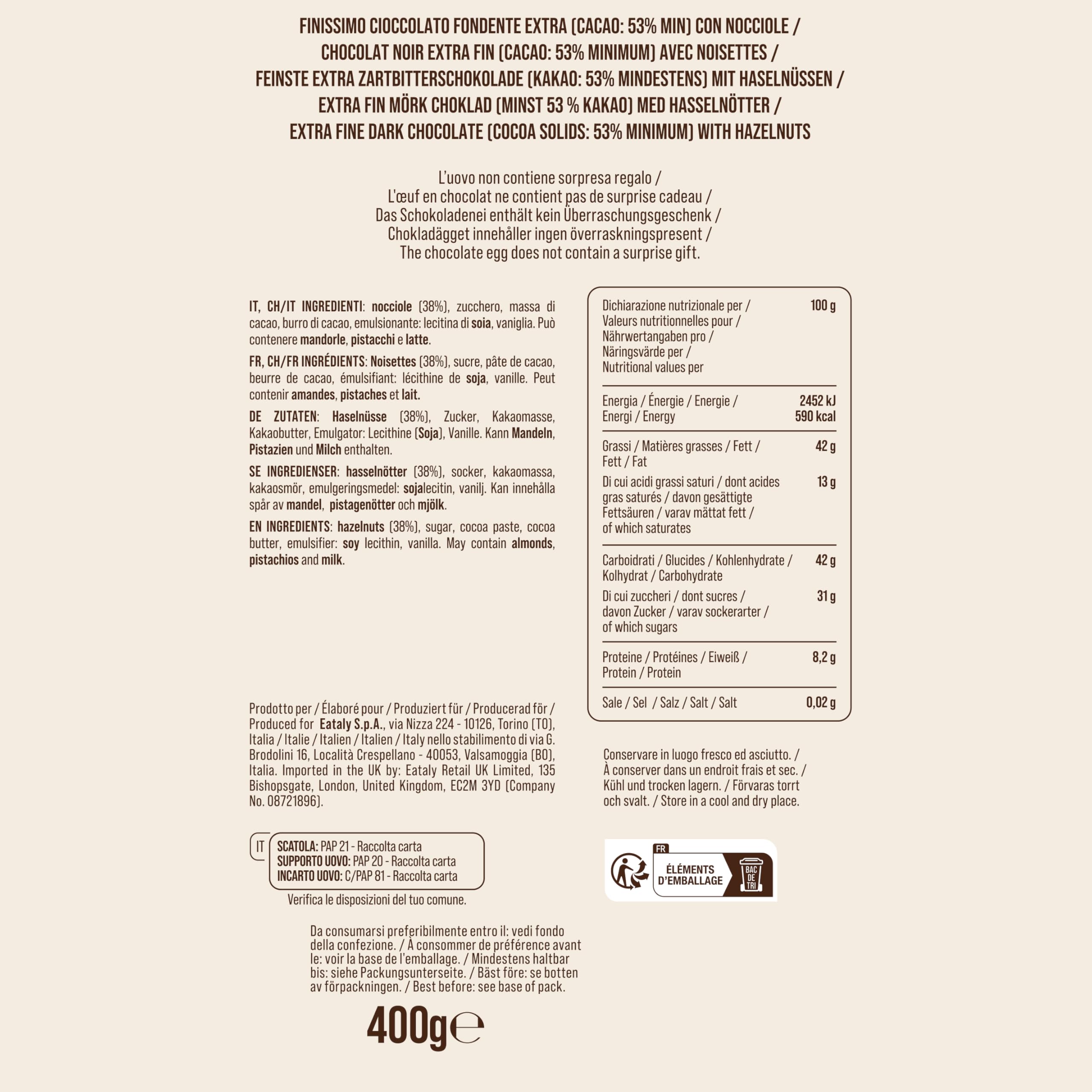 Uovo di Pasqua Cioccolato Fondente con Nocciole 400g Eataly - Bean to Bar, Nocciole Italiane, Elegante Incarto