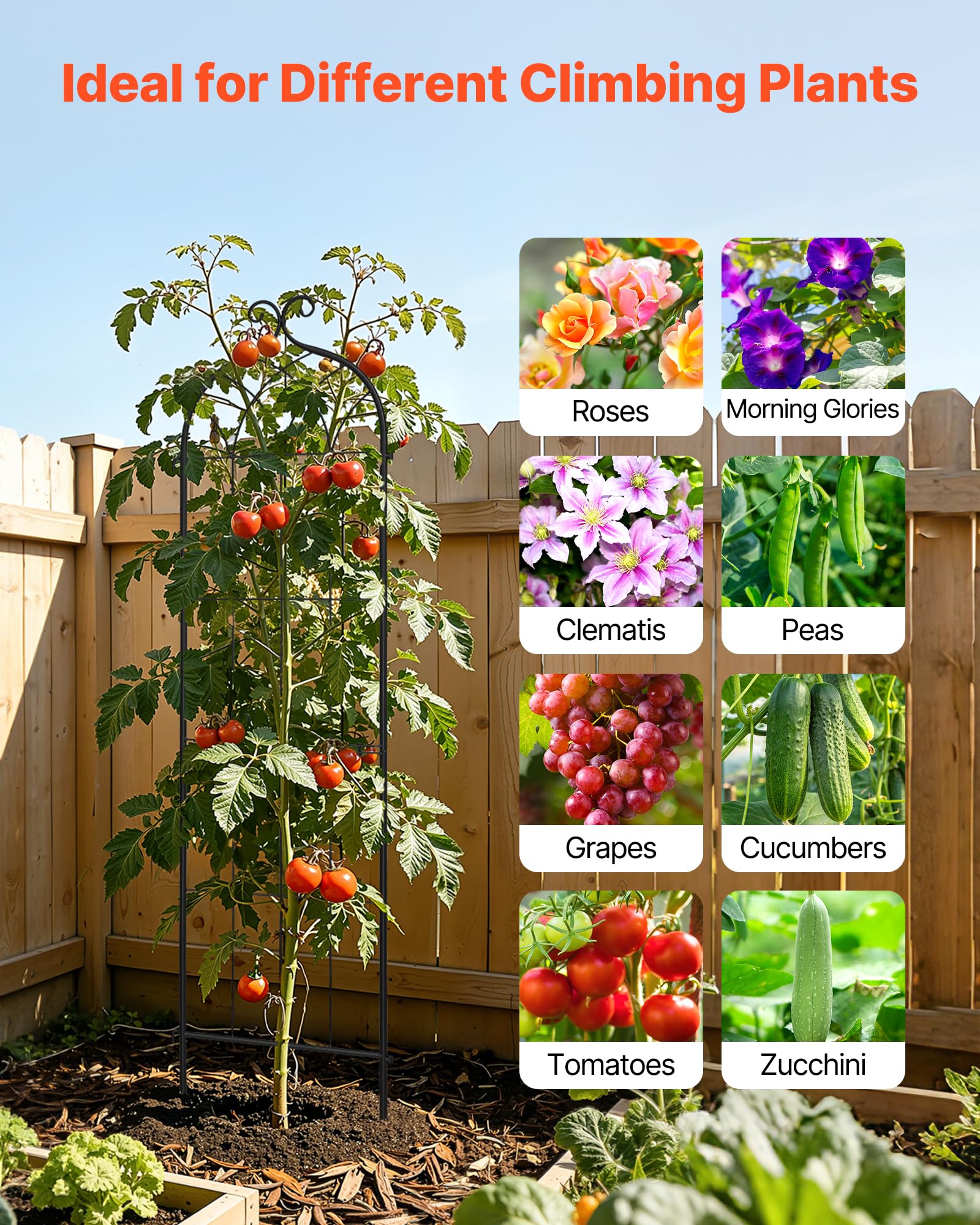 VEVOR Enrejado Metálico para Jardín, 152 x 40,5 cm, Celosías de Jardín, Conjunto de 4 Piezas, Soporte para Plantas Trepadoras, con Estacas, Acero al Carbono, Decoración, para Verduras Flores, Negro