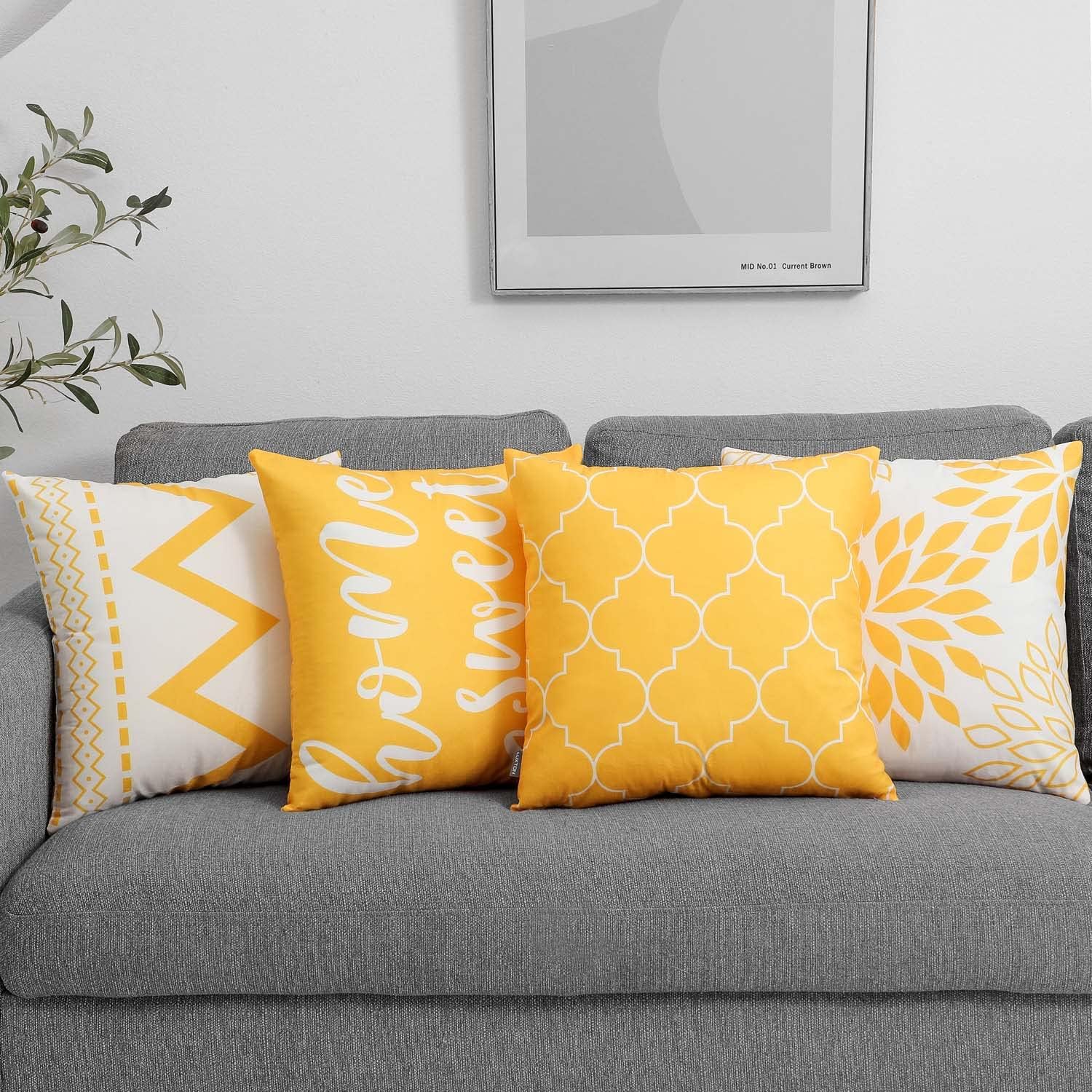 Set of 4 Luxton Yellow Cushion Covers, Flannel Soft Abstract Floral