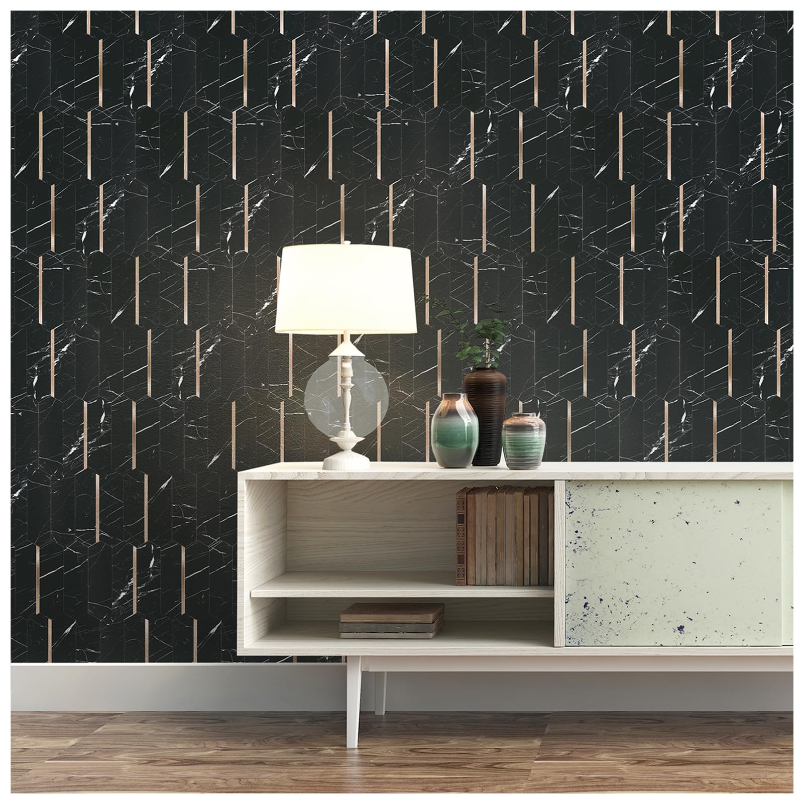 Tilingview 10-Sheet PVC Peel and Stick Tile for Kitchen Backsplash, Long Hexagon Self-Adhesive Metal Mosaics for Background, Bathroom, Home Décor (Black Marble)