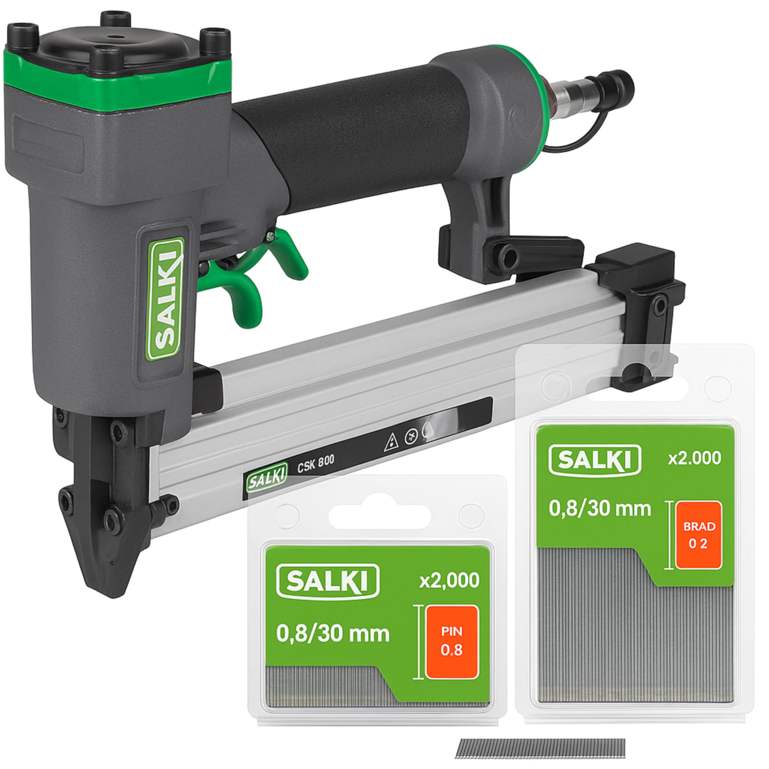 SALKI Chiodatrice ad aria compressa CSK PB08 + 2.000 pin 0,8 x 30 mm + 2.000 chiodi brad 0,8 x 30 mm | pistola per unghie ad aria compressa | morsetto per falegnameria e lavorazione del legno