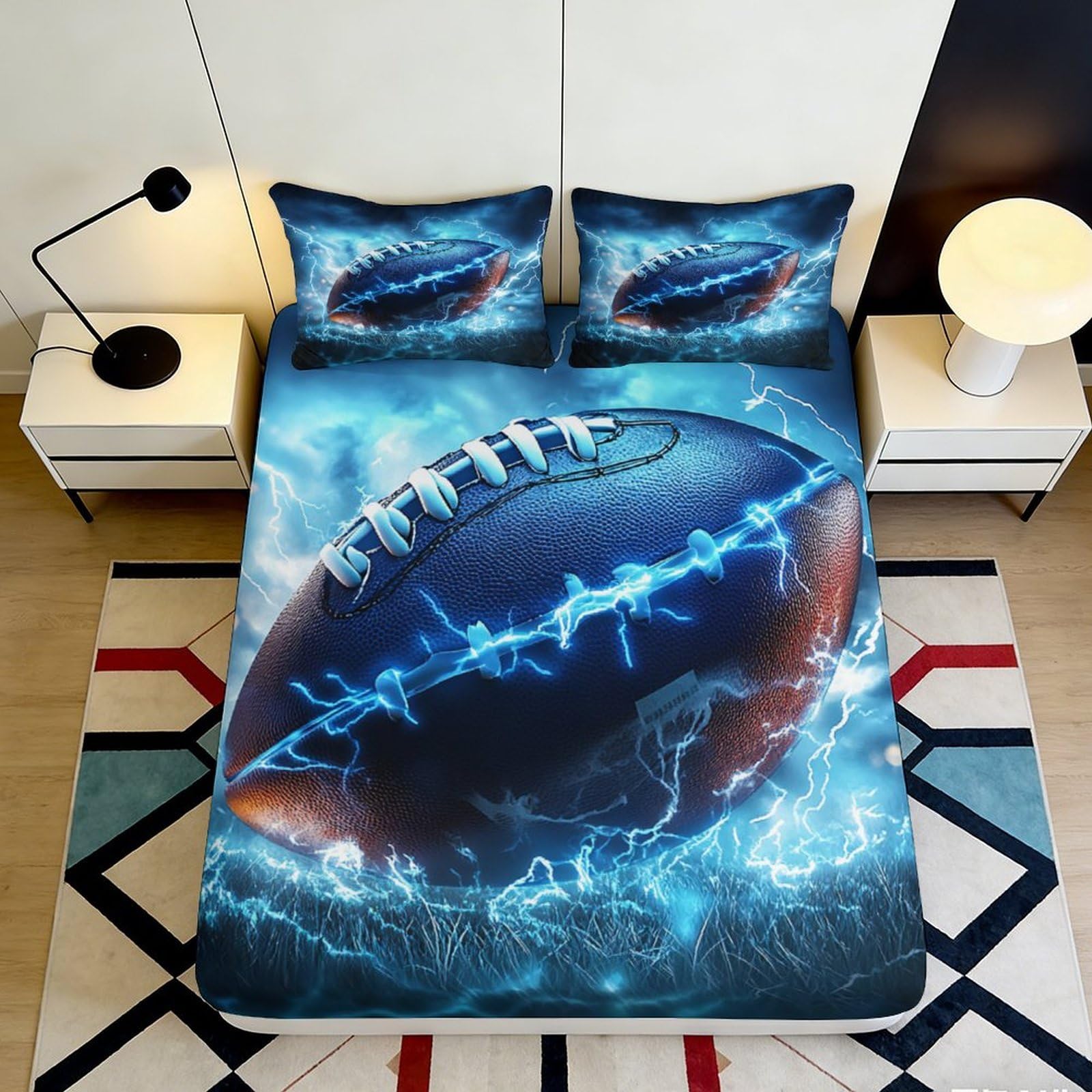 3D Printed Electric Blue Lightning Football Fitted Sheet Microfiber Soft Breathable Thunderstorm Bed Cover for Bedroom Dormitory Guest Room Mattress Protection 90x200x25cm