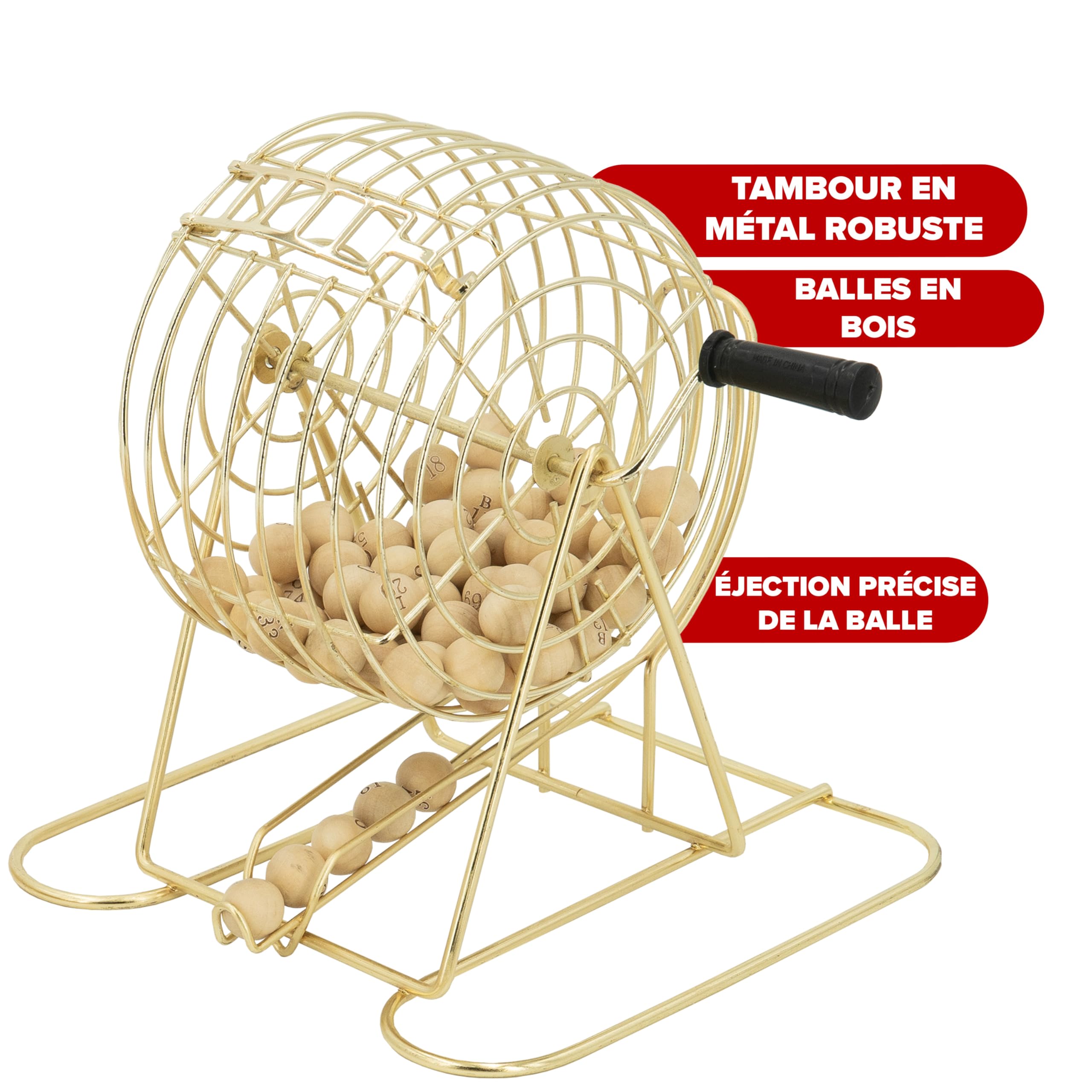 Kyto Juego de bingo Deluxe – Tambor de metal dorado y caja de madera – 75 bolas, 150 fichas, 18 tarjetas de bingo reutilizables + 500 tarjetas de bolígrafo – Juego de mesa para familia, fiestas y