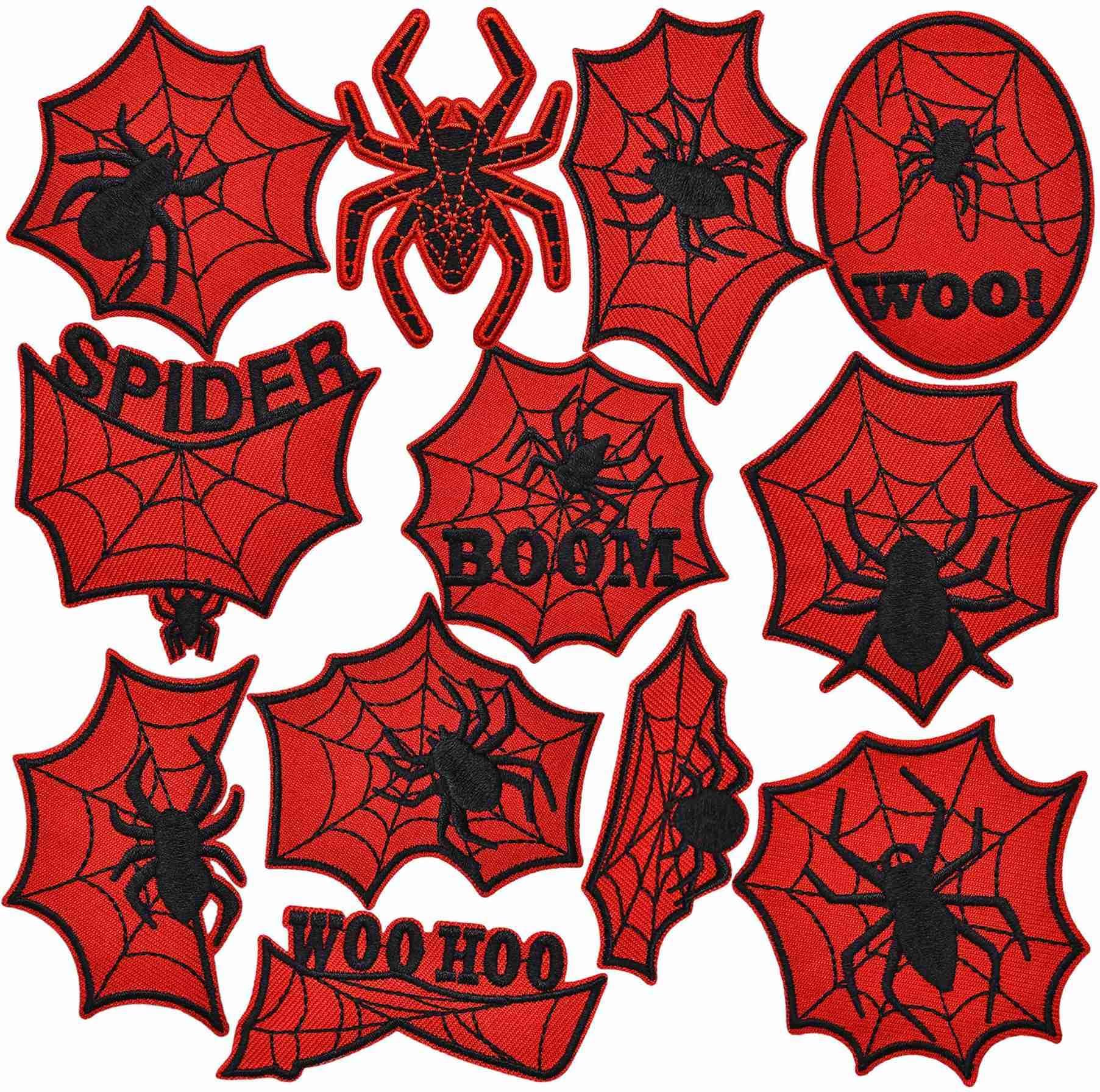 12Pcs Red Cobweb Spider Patches, Spider Net Embroidered Iron On Patch for Kids' Hats Backpacks Clothing Jeans Bags Collection