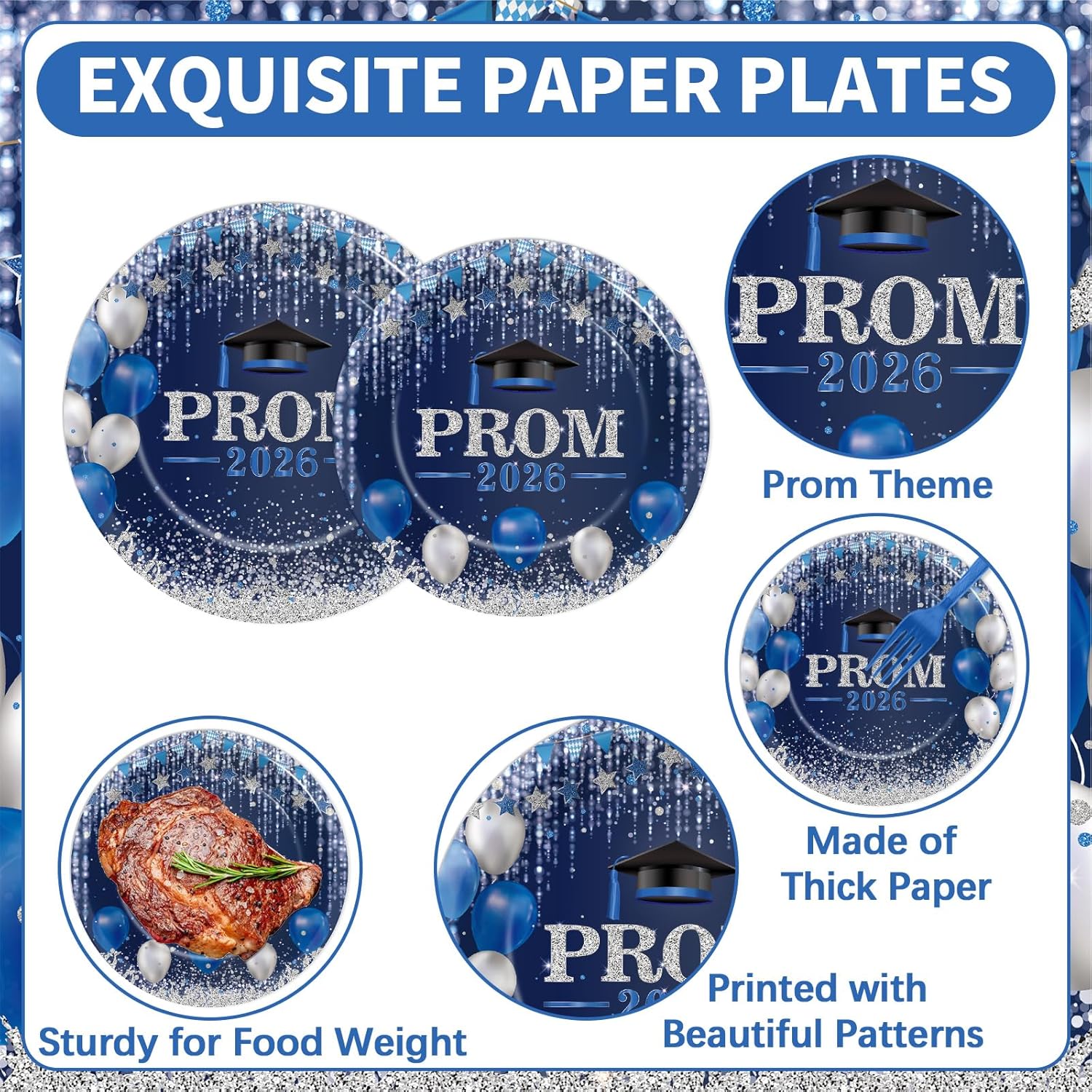 96Pcs Prom Night 2026 Grad Party Tableware Supplies Graduation Plates Napkins Class of 2026 Party Decorations Congratulations Graduate Plate Forks Napkins for High School College Navy Blue and Silver