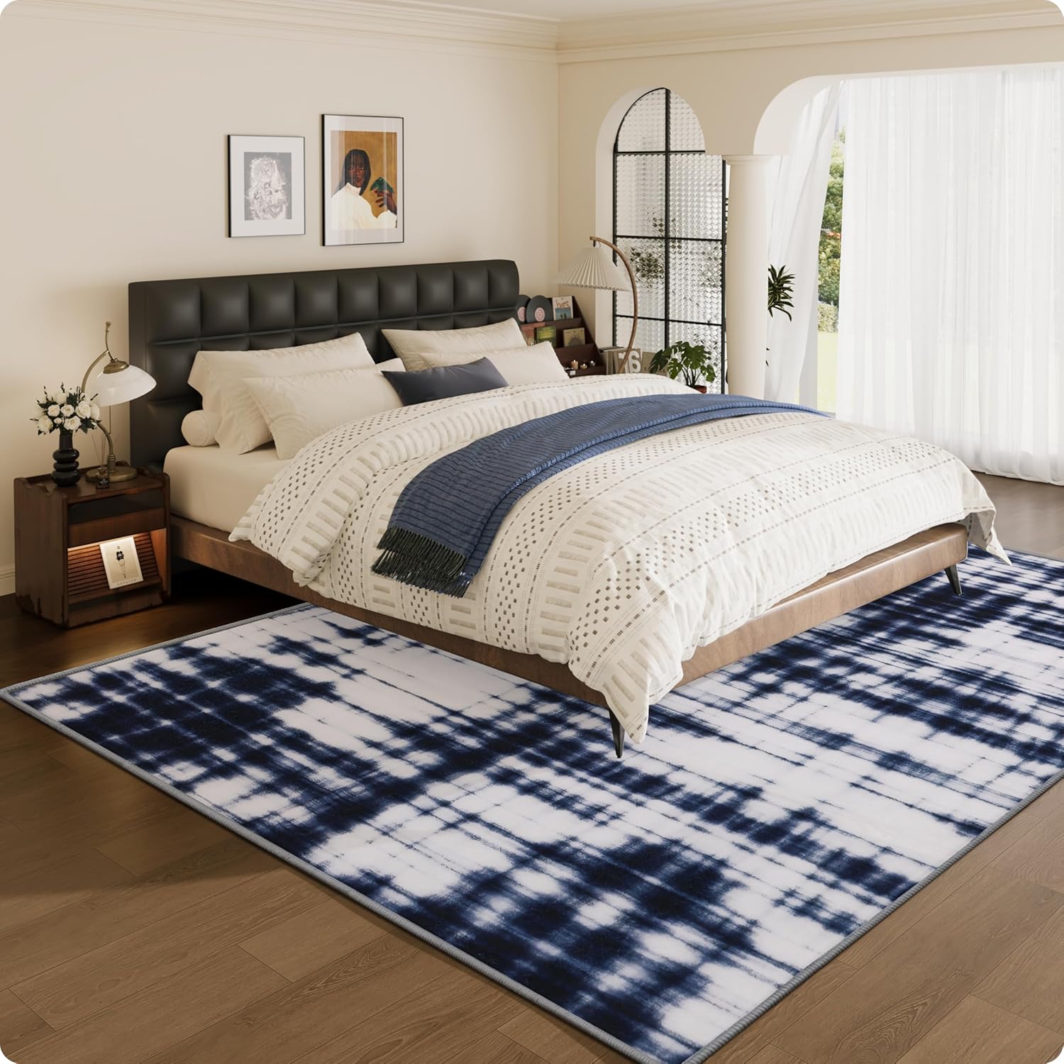 Modern Area Rug 6x9 - Non-Slip Washable Rug Living Room Carpets - Soft & Stain Resistant Rug for Home Bedroom Dining Room Home Office Indoor Nursery Blue White