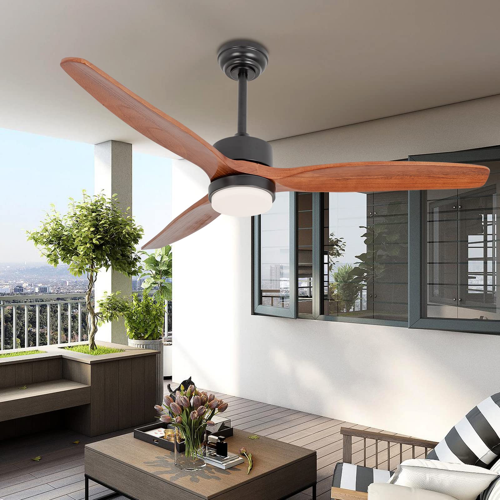Wozzio 52 inch Ceiling Fan with Light and Remote,DC Motor,3CCT Dimmable LED Light,3 Reversible Wood Blades,6 Speeds,Indoor & Outdoor for Bedroom/Patios/Living Room
