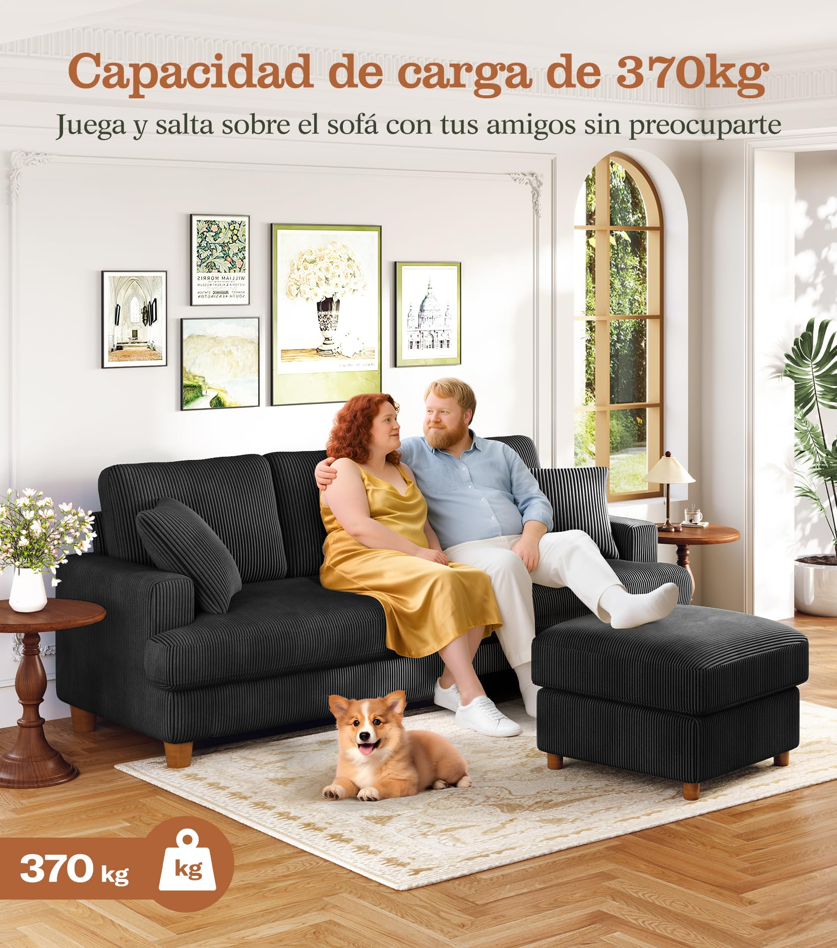 Kidirect Sofá de Pana de 3 plazas, 221 cm cómodo sofá de 53 cm Asientos Extra Profundos, sofá de salón Montaje sin Herramientas sofá Grande con 2 Cojines, sofá Moderno para Oficina, Negro