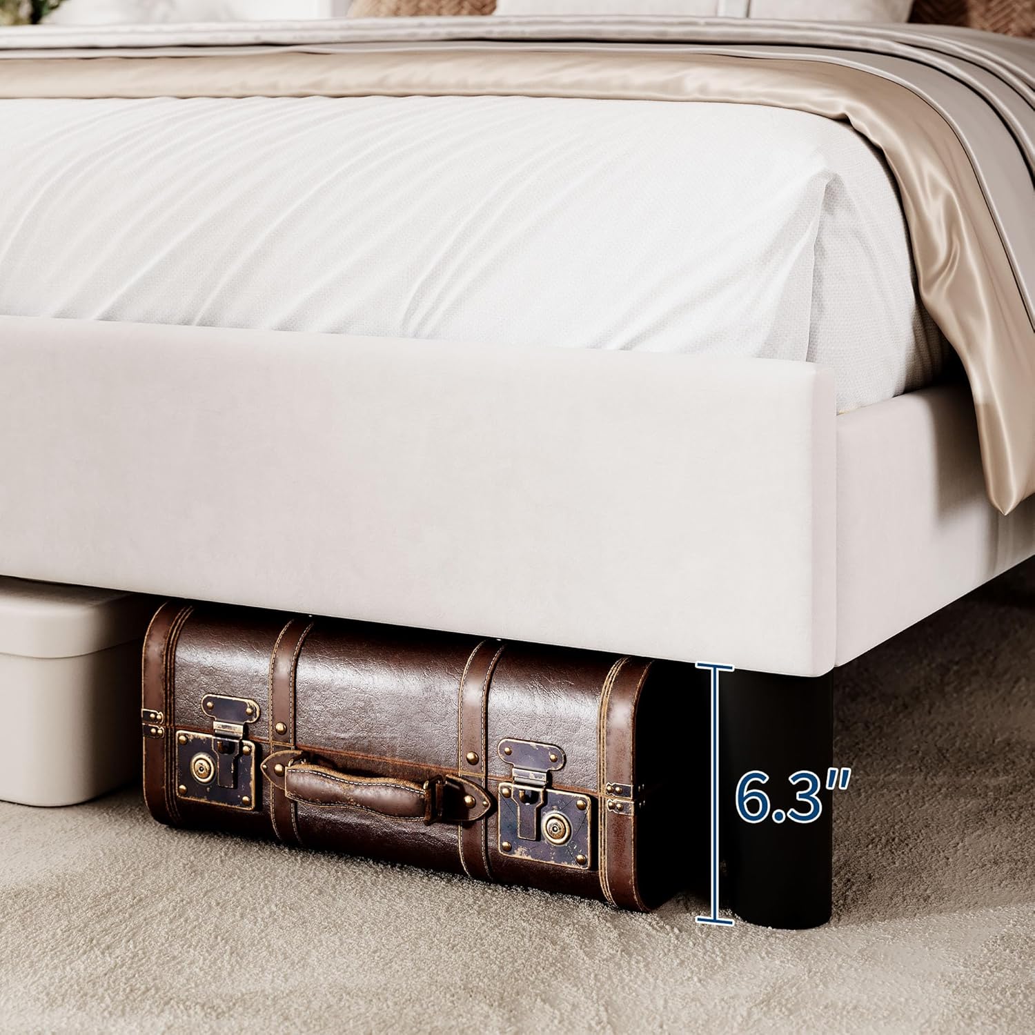 CABIHOME Queen Size Velvet Bed Frame/Vertical Channel Tufted Wingback Headboard/Upholstered Platform Bed/Wood Slats/No Box Spring Needed/Easy Assembly/Beige