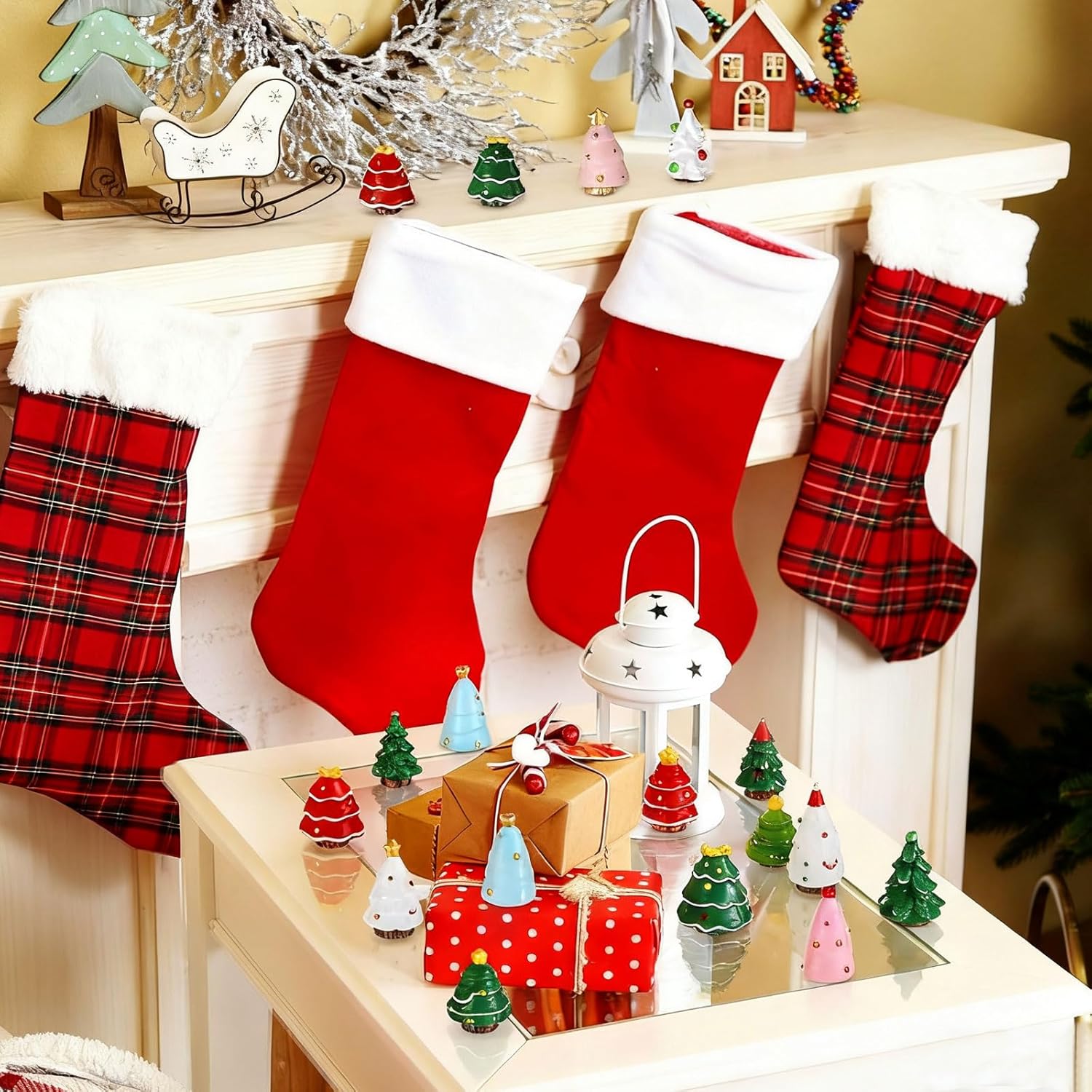Fourluoo 48 Pcs Mini Resin Christmas Trees Figurines Miniature Christmas Figures for Crafts Small Pine Tree Ornaments Tiny Landscape Figures for Xmas DIY Craft Fairy Garden Table Vase Decor
