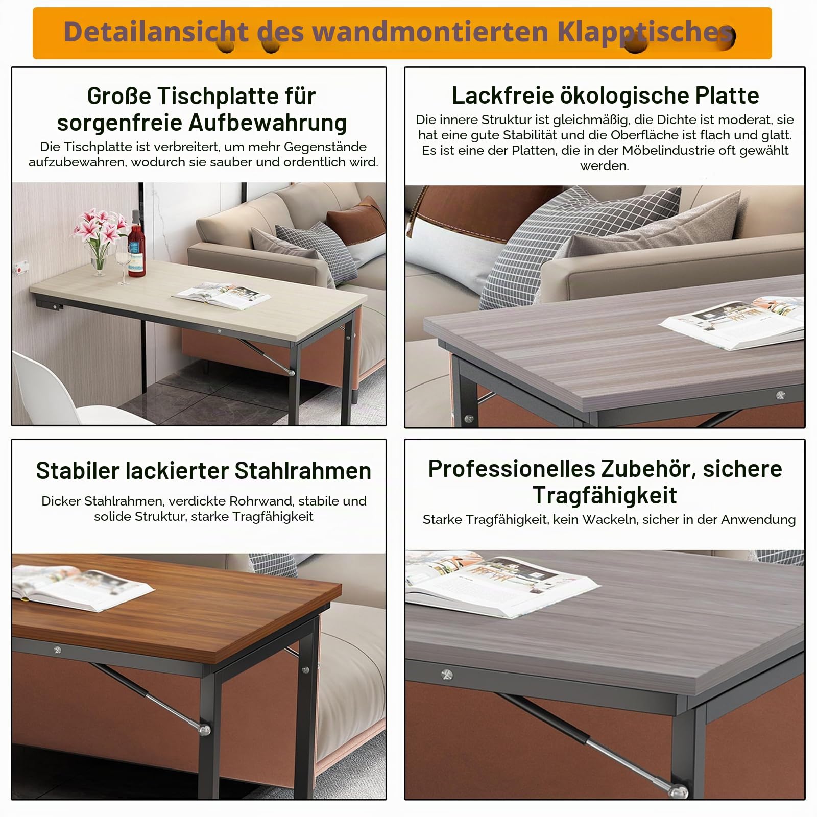 Wandmontierter Klapptisch Platzsparender, klapptisch Wand 90x60cm, Schwebender Schreibtisch, Schreibtisch für kleine Räume,Klappbarer Wandtisch für Küche und Wohnzimmer