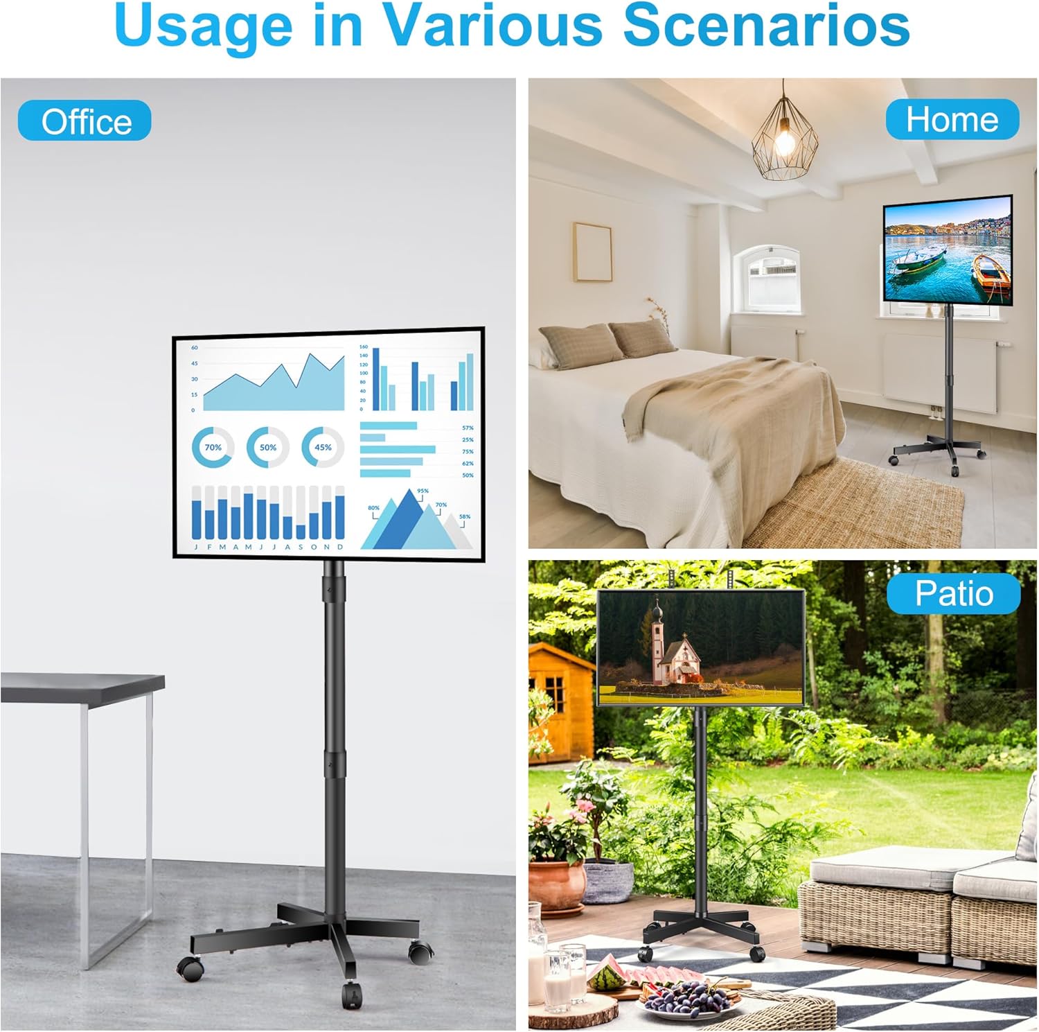 Rolling TV Stand for 23-60 Inch LCD LED Flat Curved Panel Screens TVs, Height Adjustable Mobile TV Stand with Locking Wheels up to 55lbs, Tilting Smart TV Cart Max VESA 400x400mm