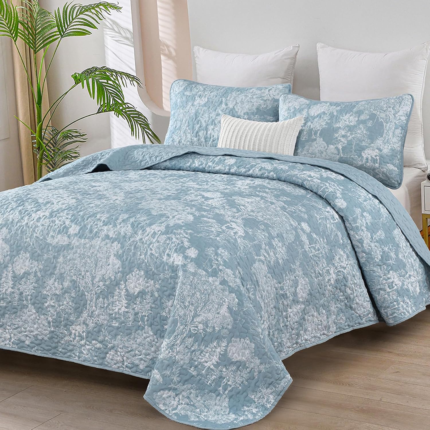 WONGS BEDDING Botanical Quilt Set Queen Size, Aqua 3 Pieces Toile Floral Plants Printed Bedspread Bedding Set Soft Lightweight Microfiber Coverlet Set for All Season (96"x90")