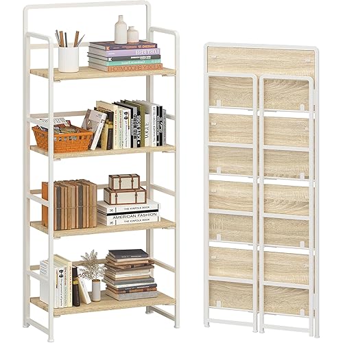 4NM No-Assembly 4 Tiers Folding Bookshelf Storage Shelves Vintage Bookcase Standing Racks Study Organizer Home Office (Natural and White)
