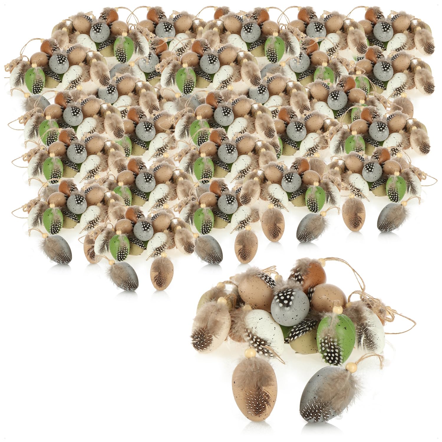 com-four® 540x Ostereier zum Anhängen, Hängedeko für den Osterstrauch 6 x | farbige Ostereier mit Federn und Holzperle in Wachtelei-Optik - Deko-Eier aus Kunststoff