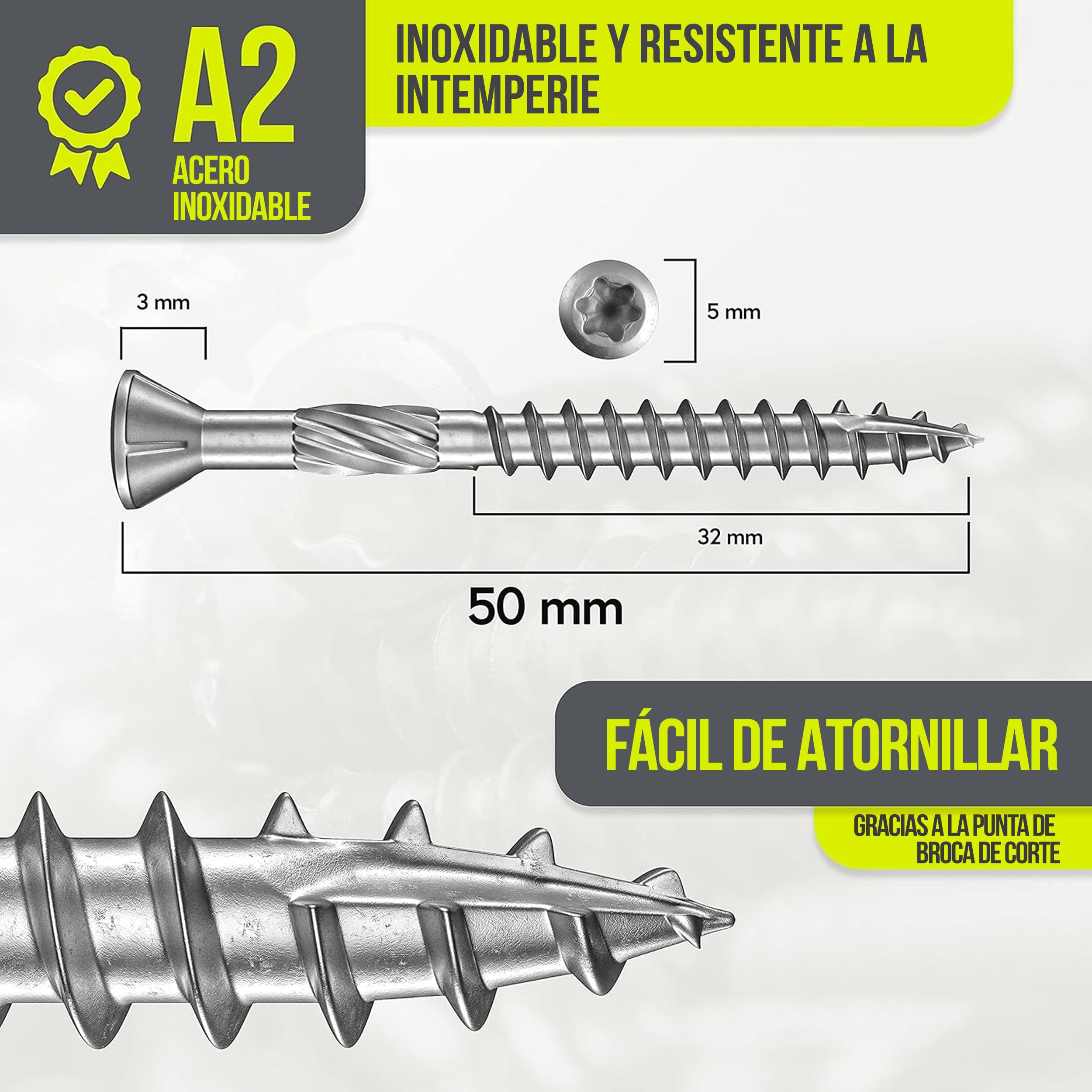 Tornillos para terraza Muesca de corte Torx | A2 TX25-5,0x50mm - 200 uds| Tornillos para tarimas de acero inoxidable de primera calidad con recubrimiento deslizante, tornillo tarima madera