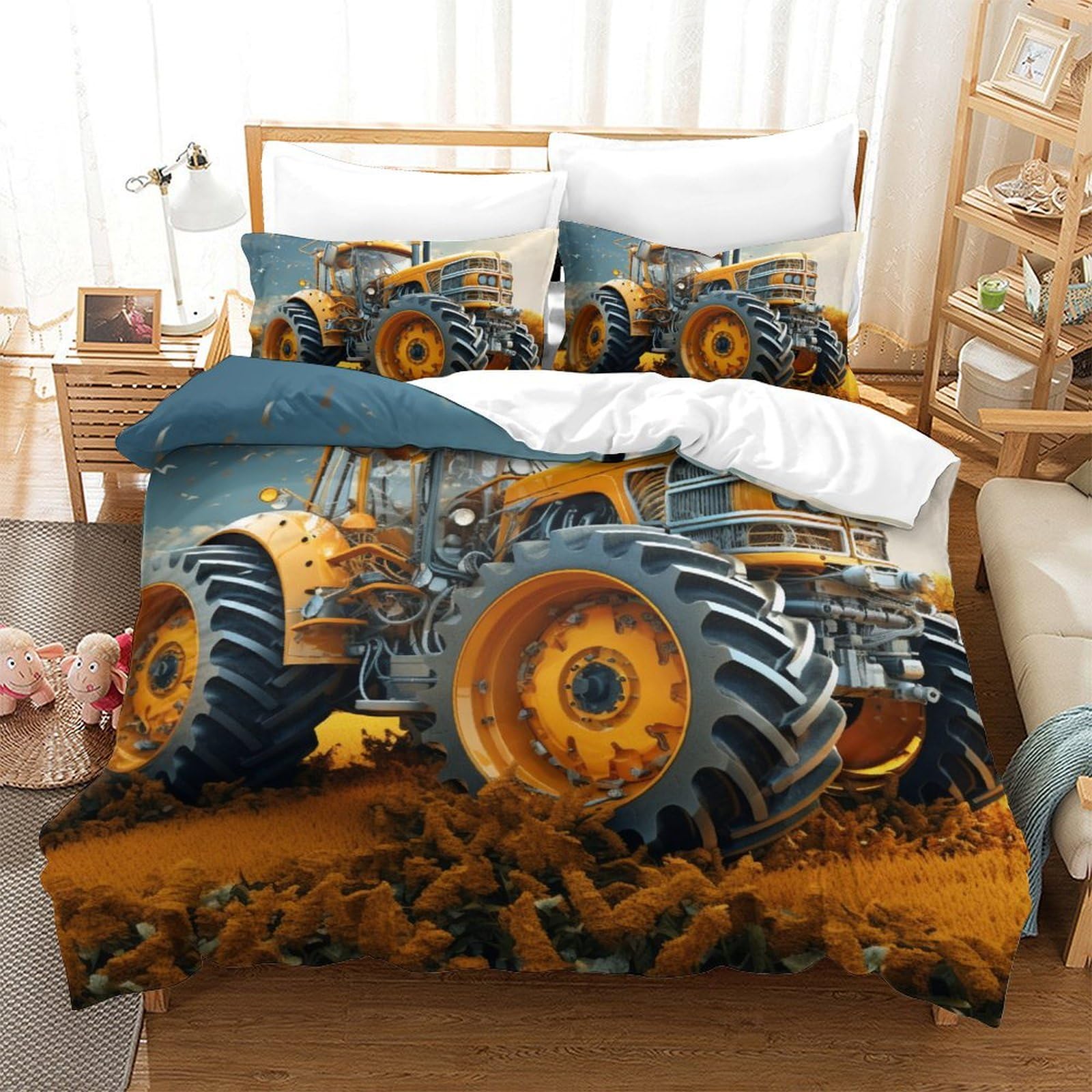 Housse de couette tracteur 3D parure de lit 3 pièces microfibre 220x240 avec taie d'oreiller zip