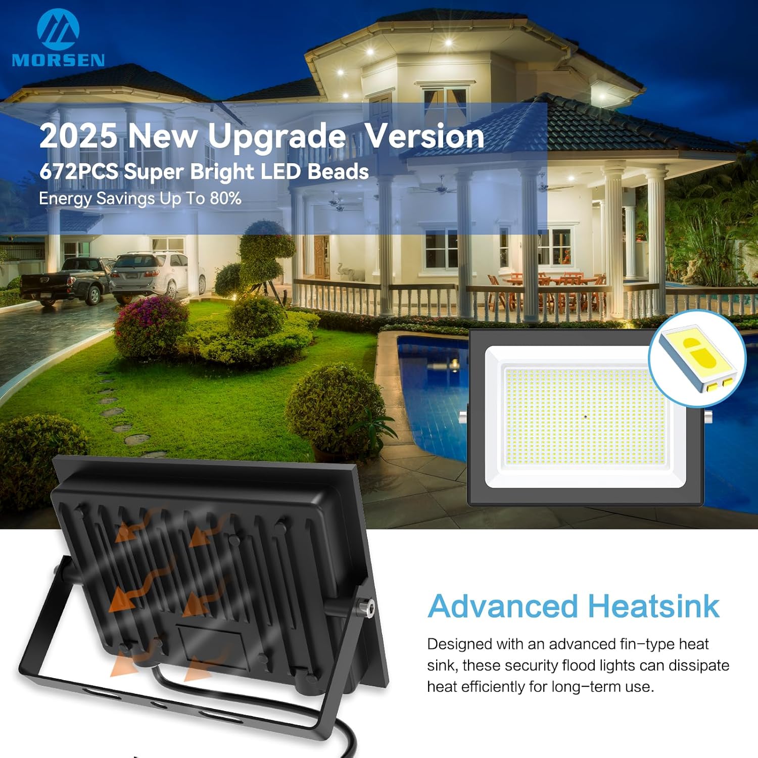 MORSEN 400W Flood Lights Outdoor, 60000lm Bright LED Work Light with Plug, 6500K Daylight White LED Flood Lighting, IP66 Waterproof Security Yard Lights for Yard Garage Stadium 2 Pack
