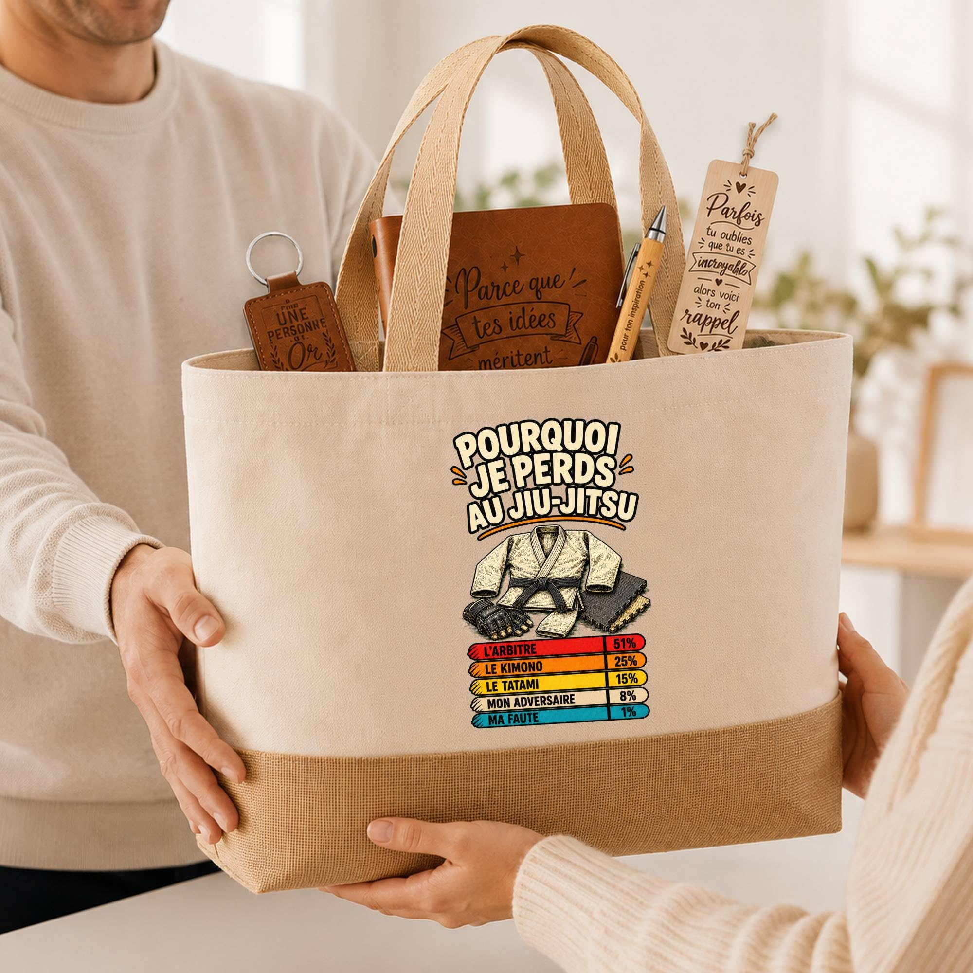 Planetee Coffret Cadeau Jiu Jitsu Pourquoi je perds | Sac Cabas Coton et Jute 18 L, Carnet, Stylo Bambou, Porte-Clés, Marque-Page | 5 Pièces Gravées | Anniversaire Noël