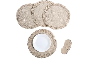 Rustic Dining Table Set For 4 With Woven Placemats And Coasters
