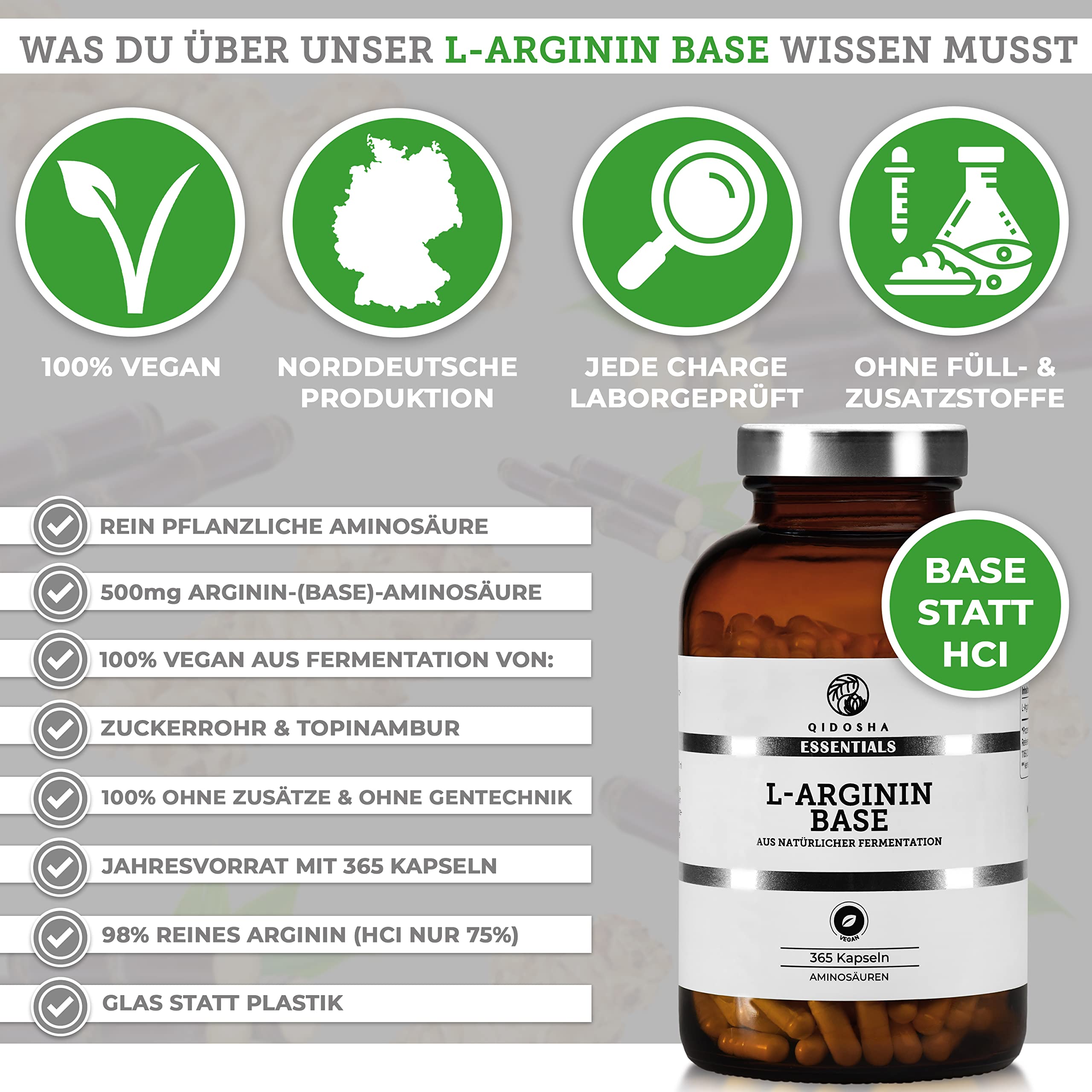 QIDOSHA® Premium L Arginin Base (nicht einfaches HCl), 365 Stk/Glas, 500mg je Kapsel, rein pflanzliche Aminosäure aus Topinambur und Zuckerrohr gewonnen, jede Charge laborgeprüft