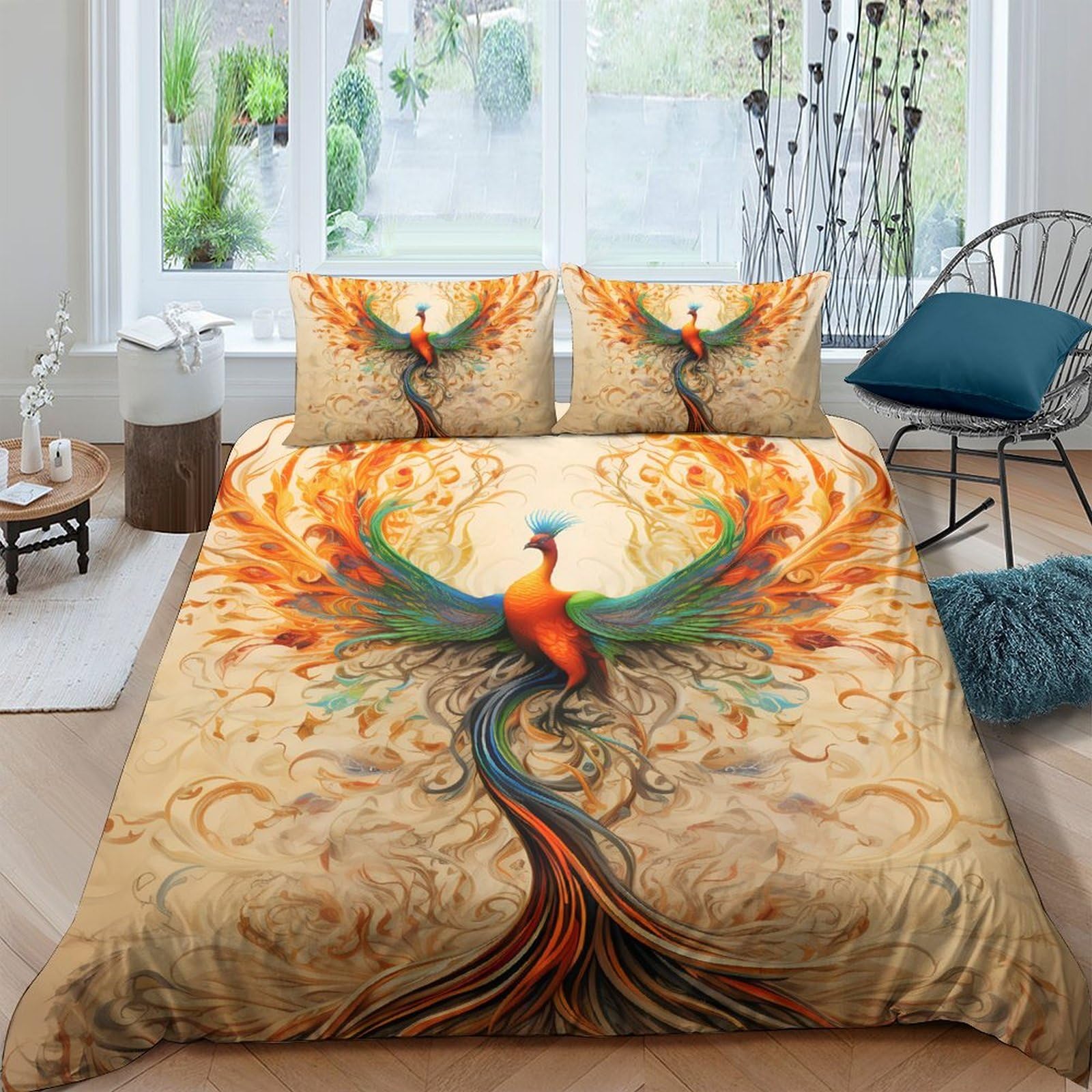 GPLZQXKJNH 3D Printed Phoenix Fire Duvet Cover Microfiber Soft Breathable Fantasy Bird Quilt Cover Set with 2 Pillowcases for Bedroom Decor Single（135x200cm）