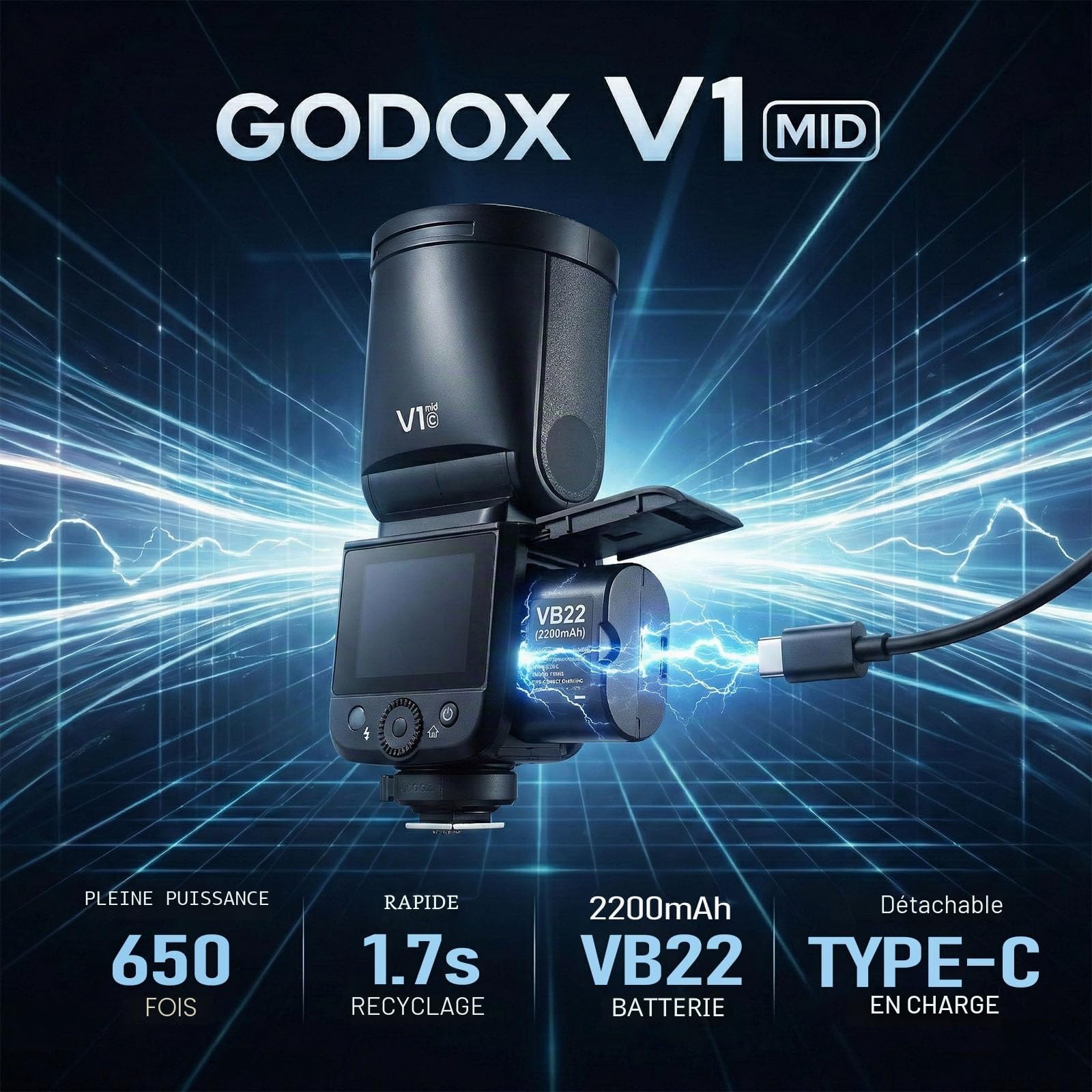 Godox V1 Mid C Flash pour Canon, Speedlite à tête Ronde 55Ws, Optique 24mm, 650+ éclairs, TTL/HSS 1/8000s, Flash de Voyage V1MID pour Canon EOS 2000D R7 R6 Mark II R10 R5 R8 R100 R6 RP M50 600D 90D