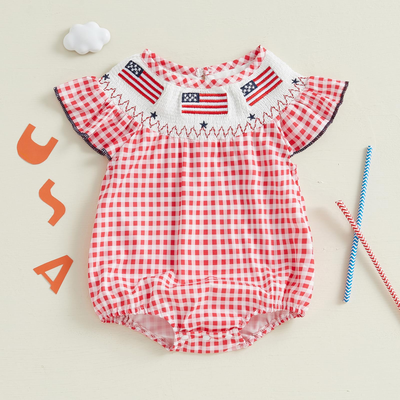 4th Of July Baby Girl Outfit Newborn Smocked Bubble Romper Infant USA Flag Bodysuit Top Summer Patriotic Clothes (A USA Flag Plaid Red, 0-3 Months)