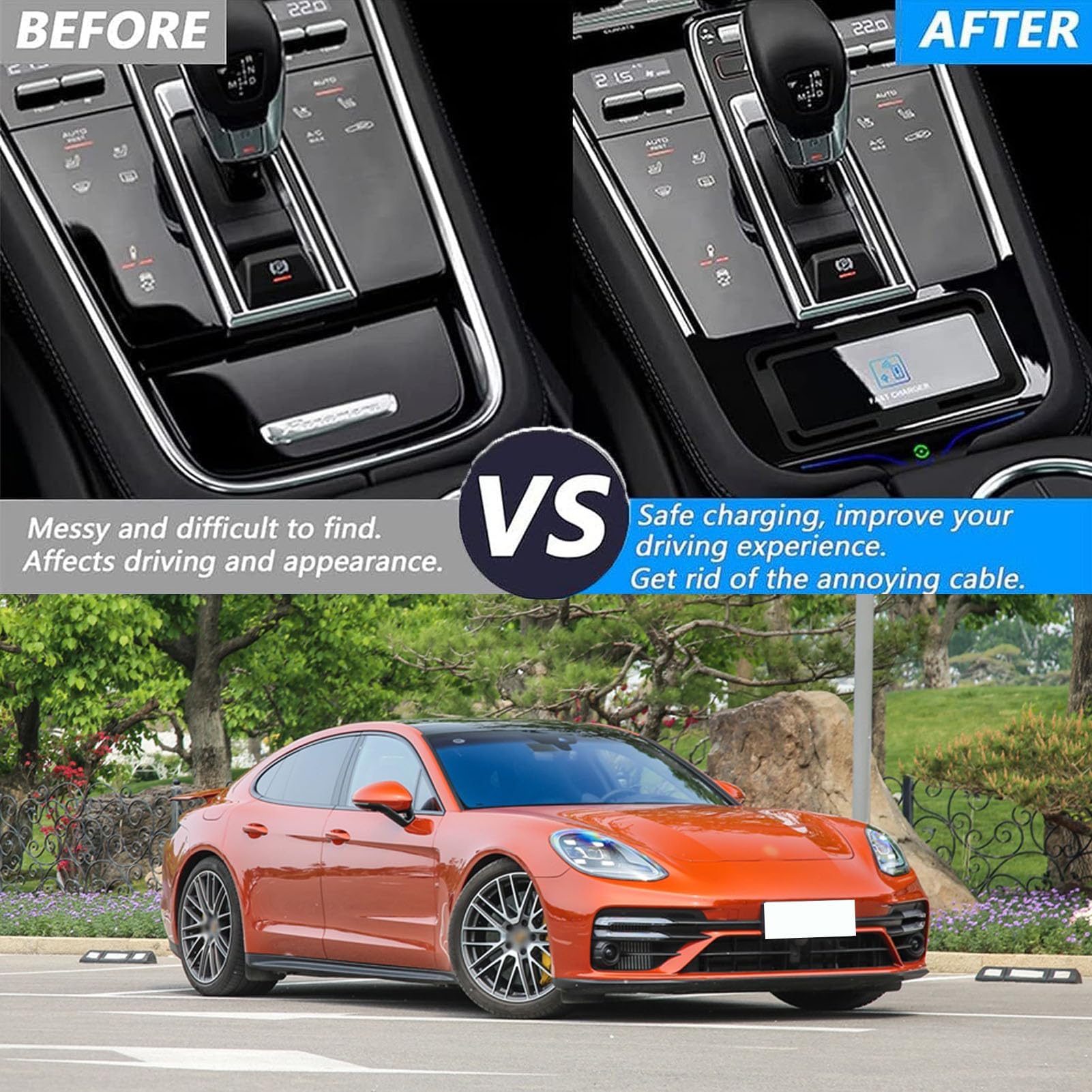 Caricabatterie Wireless per Auto per Panamera Tutti i Modelli Accessorio con 15w Wireless e USB Qc3.0 Ricarica Rapida Regalo per la Famiglia