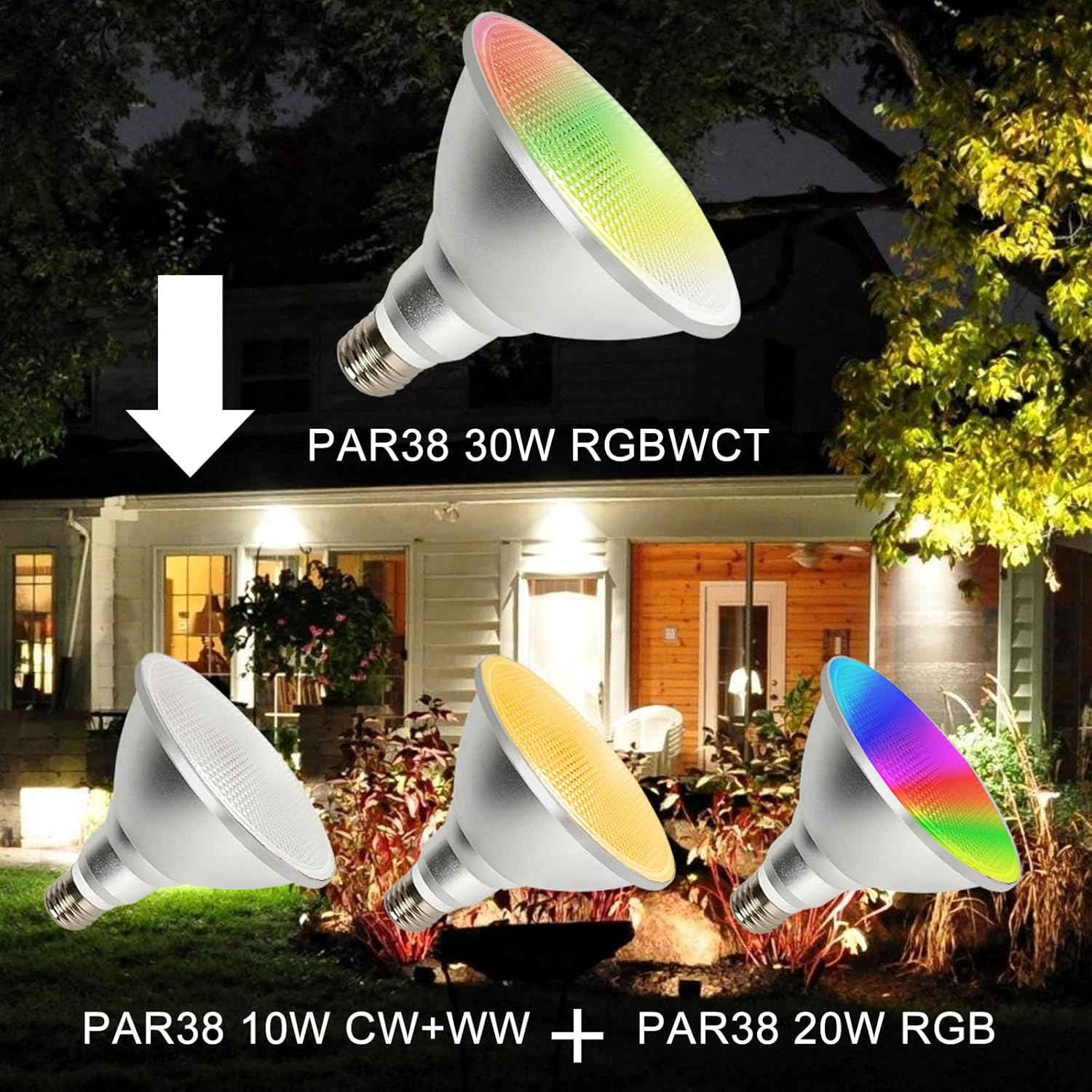 2 Pack,PAR38 RGBW LED Bulbs,30WRGB+Warm+Cool White(2700K-6500K), LED Flood Light,Indoor/Outdoor,IR Remote Control, Timing,Waterproof Lawn Lamp for Home Courtyard Christmas Party Decoration