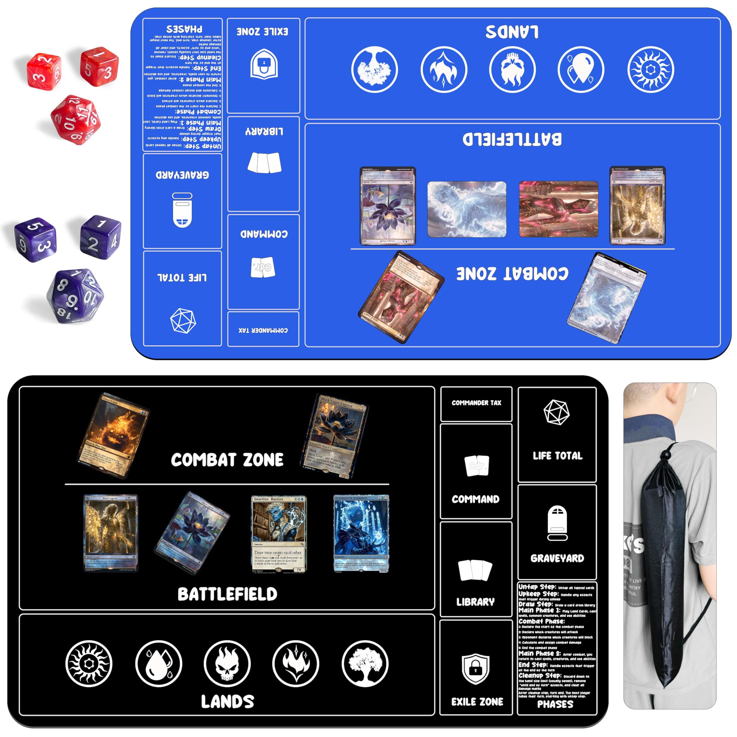 Card Game Playmats MTG Playmat for Beginner 2 Pack with Dices, Magic Mat Commander Deck Card Playmat for TCG MTG Accessories Play Mat 24x14 Inches Duel Card Battles, Black/Blue