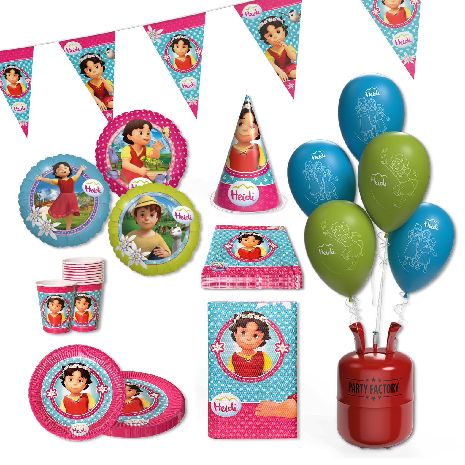 Heidi – Zeichentrick Geburtstagsdeko Komplettset für Kinder - 63 tlg. Tischdeko Pappgeschirr mit Wimpelkette für Kindergeburtstag & Mottopartys - Party Deko Bundle mit Tellern, Servietten etc.