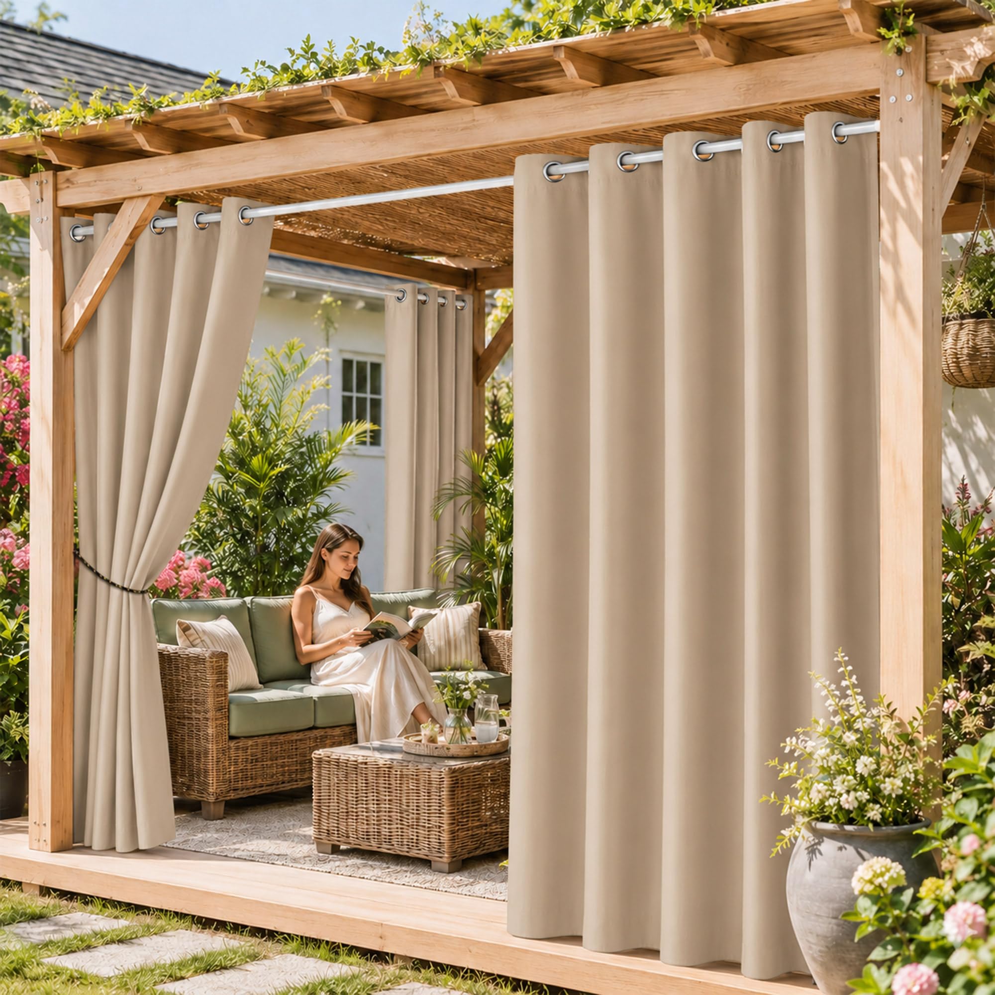 Waterproof Outdoor Curtain, 71in Wide Eyelet Panel for Gazebo & Patio