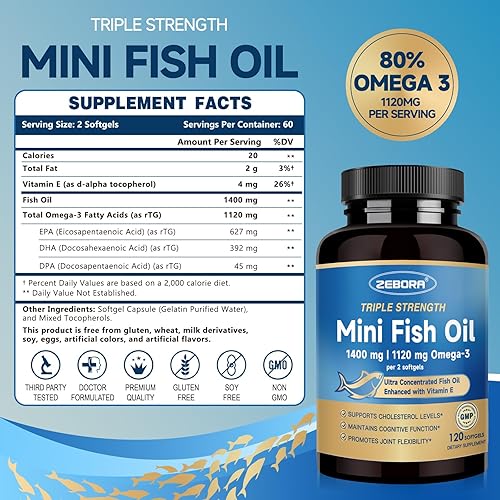 Miniatura 2 de ZEBORA Aceite de pescado Mini Omega 3 de 1400 mg, alta potencia con vitamina E, apoyo para la salud del corazón, el cerebro y el sistema