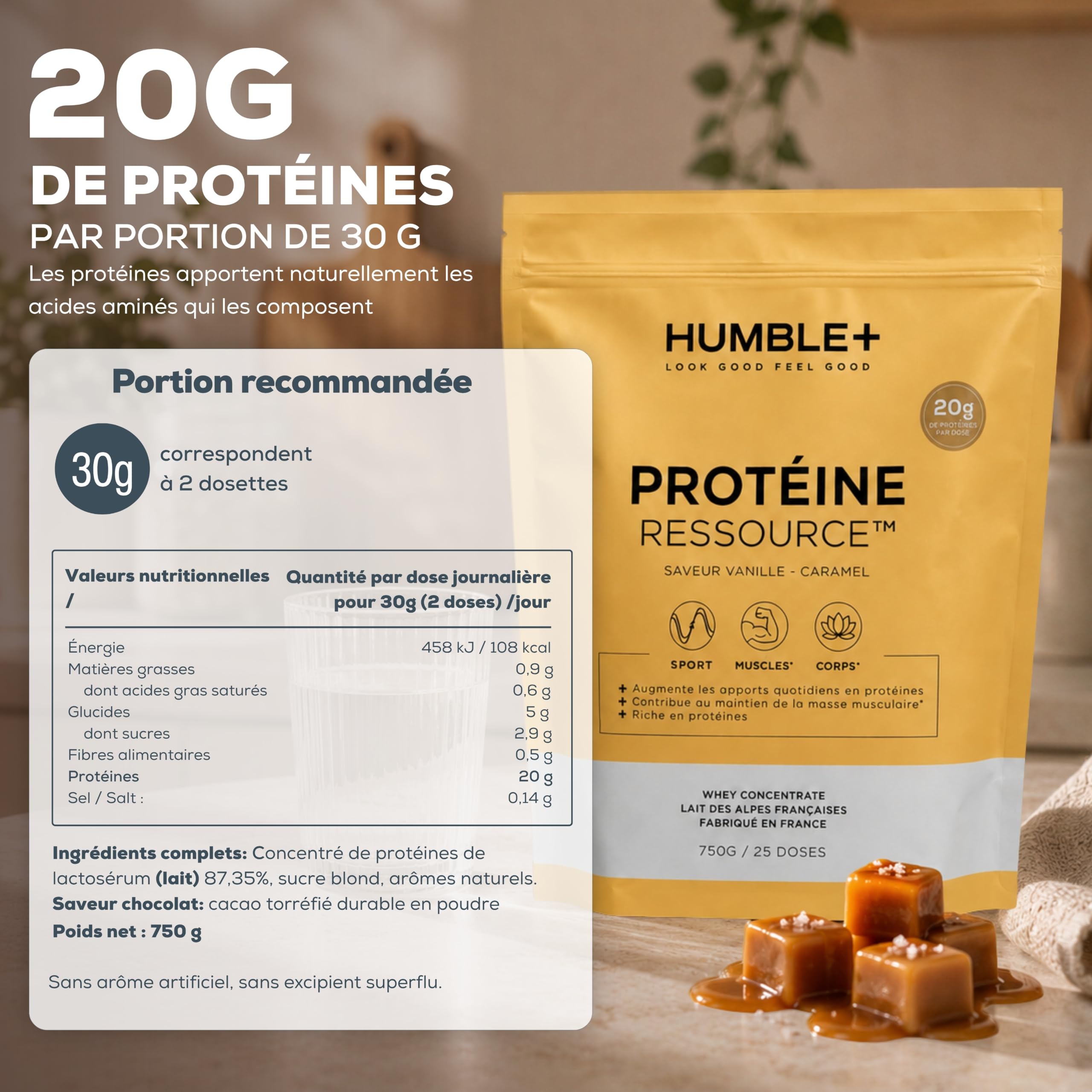 HUMBLE+ Protéine Ressource Whey Vanille-Caramel 750 g - France - 25 Doses | Concentré de Lactosérum du Lait des Alpes - Arômes Naturels, Onctueux, Riche en Apport - pour le Sport - Marque Française