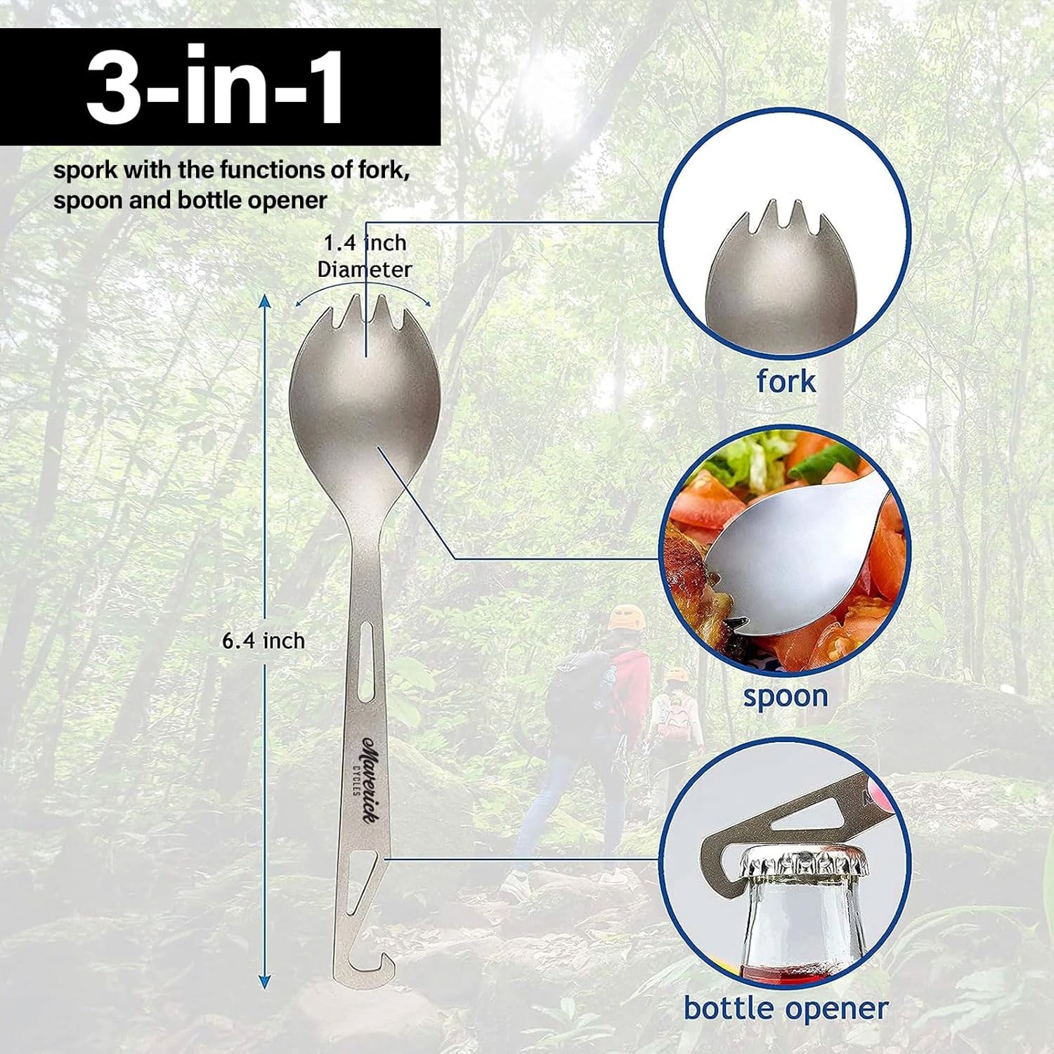 Titanium 3 in 1 Ti Spork, Spoon, Fork and Bottle Opener Combo, Camping Utensil Outdoor Hiking Backpacking Picnic, Small, Matte Silver (2pcs Spork)