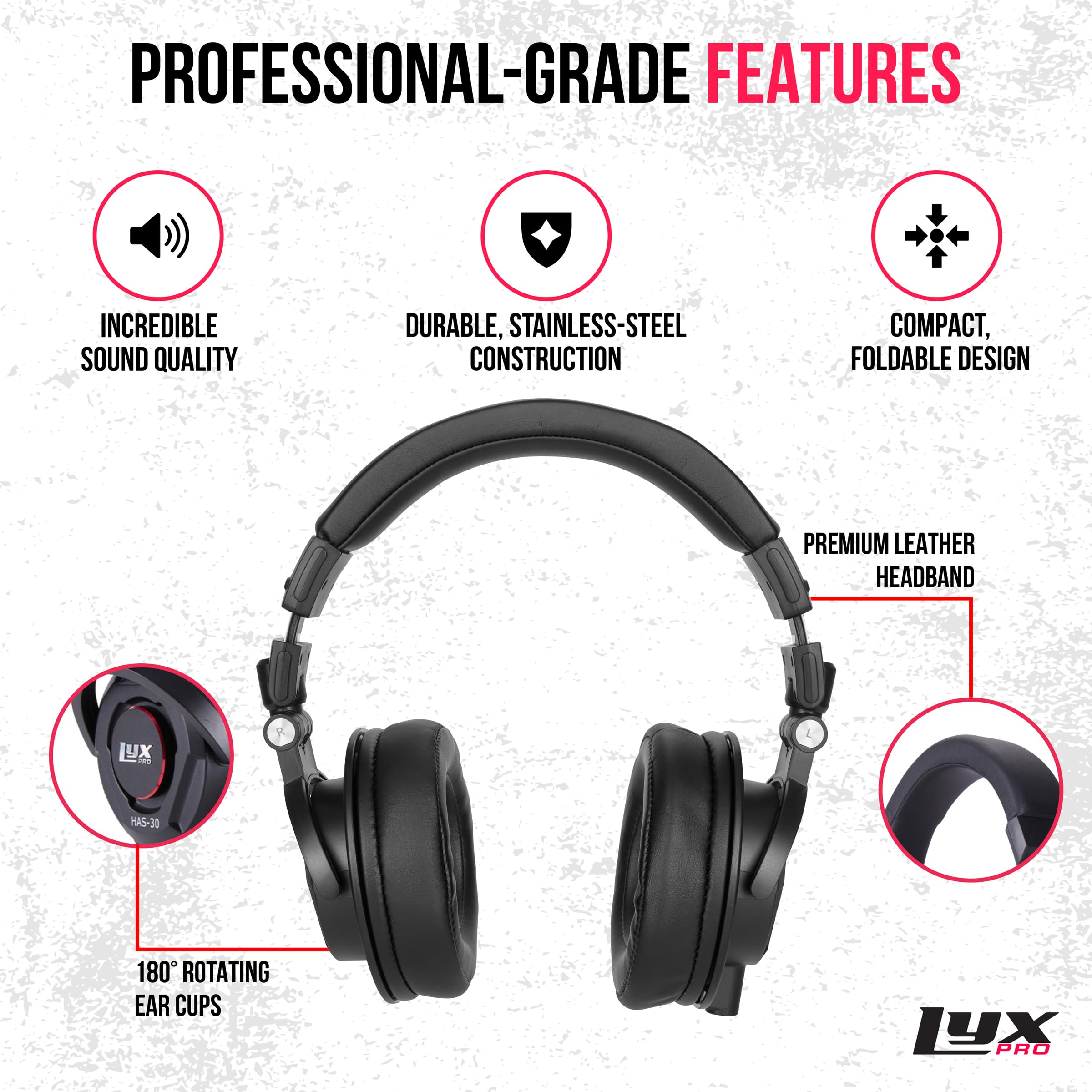 LyxPro HAS-30 - Auriculares Profesionales de Estudio con Cable Desmontable, para Grabar, Mezclar, DJ y Escuchar música