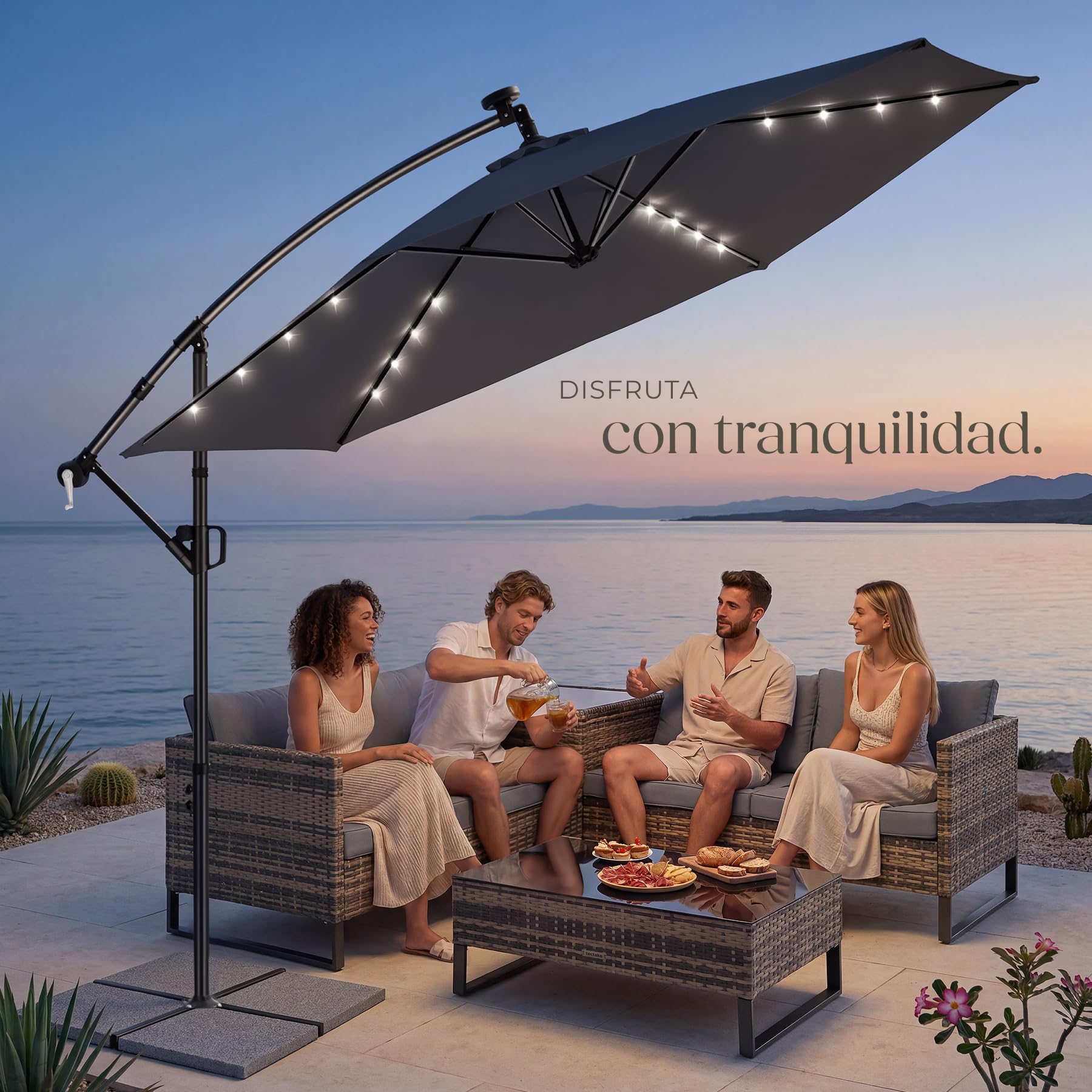 tectake® Sombrilla Terraza Exterior con Iluminacion Solar Led, Parasol Terraza Exterior y Jardin, Sombrillas Jardin Grandes Giratorio 360°, Doble Techo, Manivela, Inclinable - 3 x 3 m
