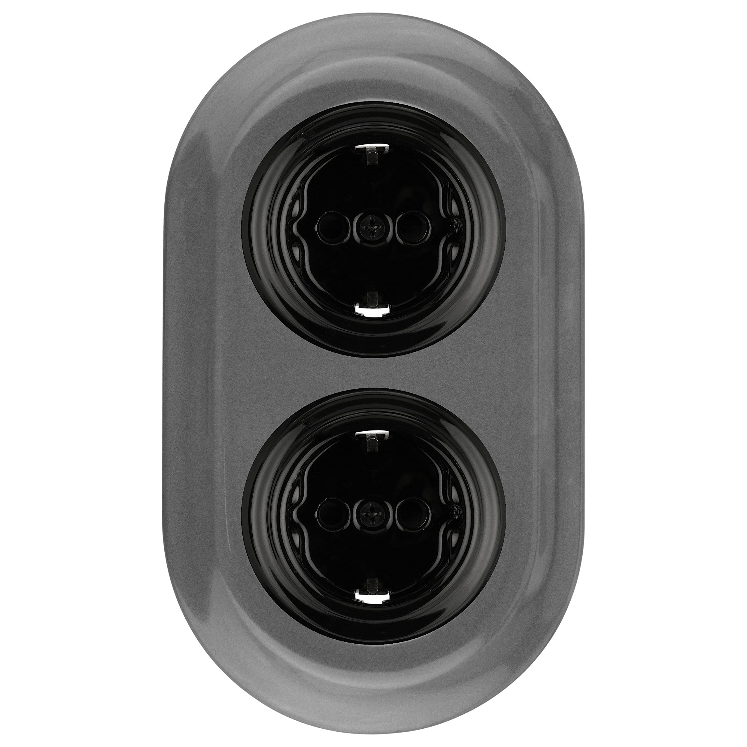 Unterputz Porzellan Retro Steckdose 2-fach, All-in-One, Serie PR1 signalgrau