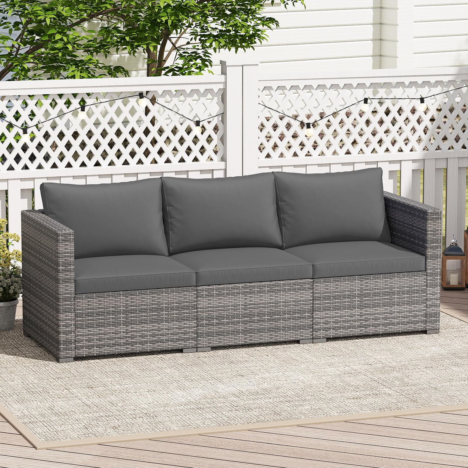 GIANTEX Divano da Giardino a 3 Posti in Rattan con Cuscino Imbottito, Mobili per Terrazza e Balcone, Colore Beige/Grigio, 193 x 67 x 61,5 cm (Grigio)