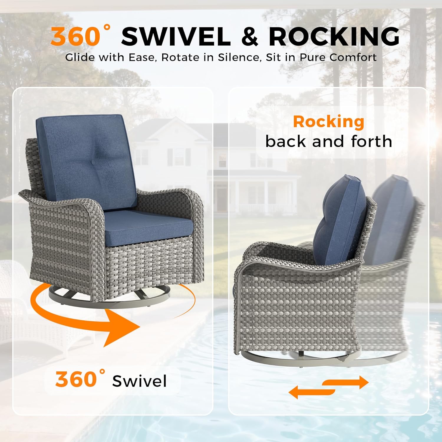 8-Seat Modern Patio Furniture Set with Swivel Rocking Chairs, Thick 4″ Cushions, Dual-Strand Wicker Rattan, Rust-Resistant Steel Frame – Outdoor Conversation & Modular Sectional,Navy