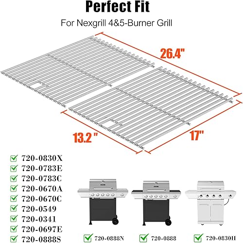 Miniatura 2 de Rejillas de parrilla para Nexgrill piezas de repuesto 4 quemadores 720-0830H 720-0830X 720-0888S 720-0783W, 304 acero inoxidable 17 pulgadas