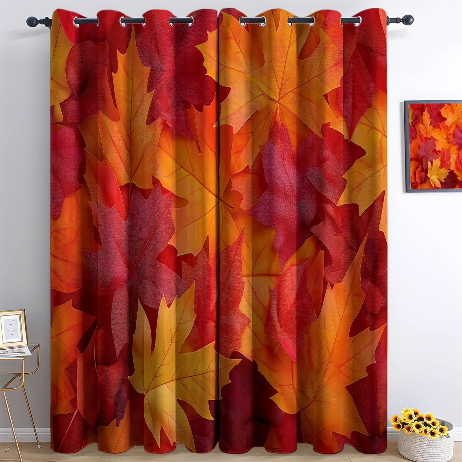 3D Print Blackout Curtains, Eyelet Curtains Photography Autumn Maple Leaves, Thermal Insulated Window Drapes for Kids Boys Girls Living Room Bedroom, 2 Panels 55” W x 102” L