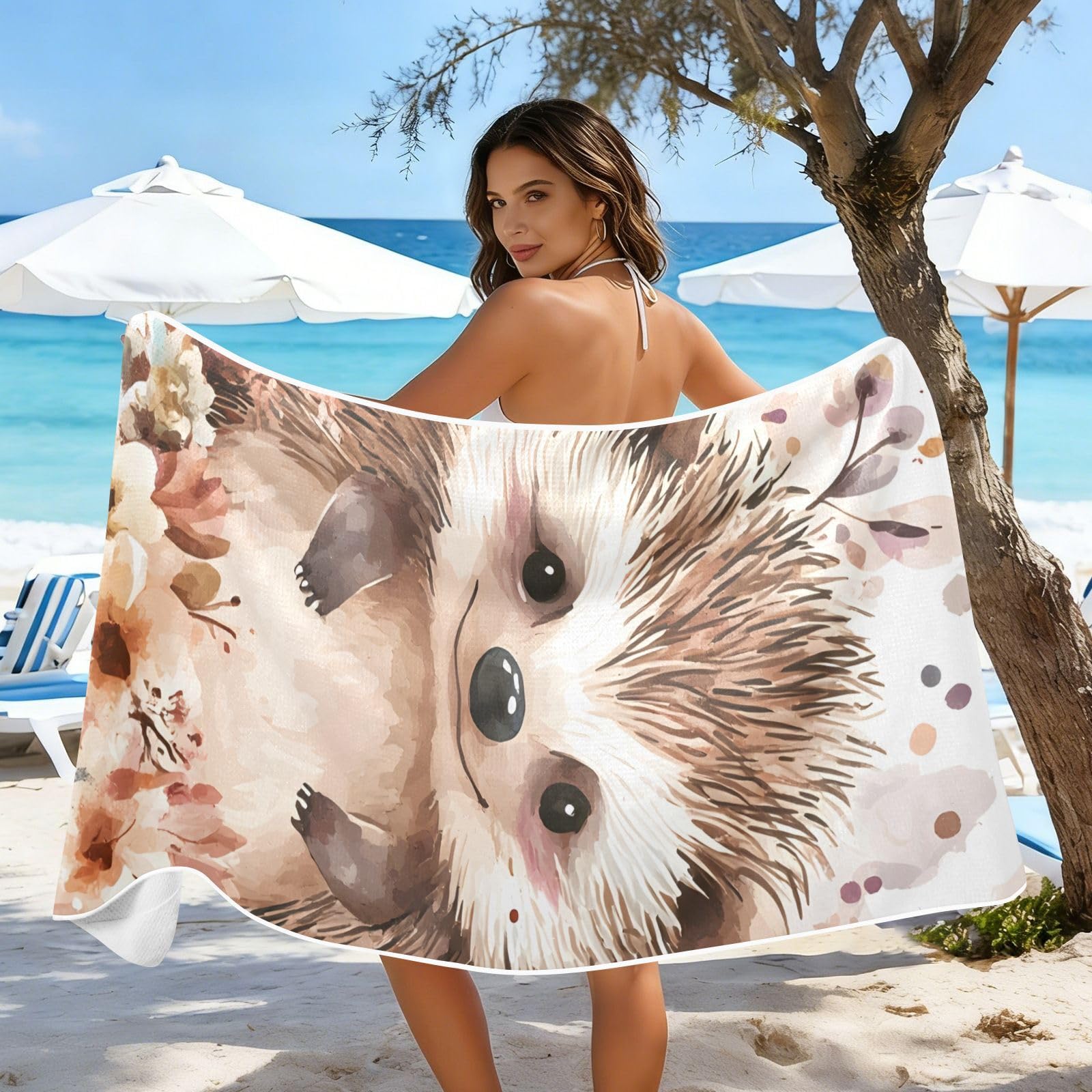 Toallas de playa grandes con bolsas de malla para adultos, toalla de baño de erizo de acuarela con cierre magnético, toalla absorbente de secado rápido para piscina, camping y viajes, 190 x 80